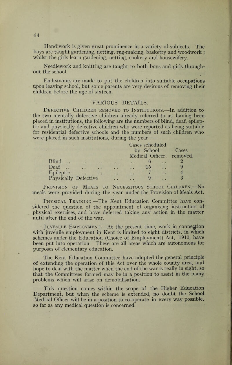 Handiwork is given great prominence in a variety of subjects. The boys are taught gardening, netting, rug-making, basketry and woodwork ; whilst the girls learn gardening, netting, cookery and housewifery. Needlework and knitting are taught to both boys and girls through¬ out the school. Endeavours are made to put the children into suitable occupations upon leaving school, but some parents are very desirous of removing their children before the age of sixteen. VARIOUS DETAILS. Defective Children removed to Institutions.—In addition to the two mentally defective children already referred to as having been placed in institutions, the following are the numbers of blind, deaf, epilep¬ tic and physically defective children who were reported as being suitable for residential defective schools and the numbers of such children who were placed in such institutions, during the year :— Cases scheduled by School Cases Medical Officer, removed. Blind .... 6 2 Deaf 15 9 Epileptic .... 7 4 Physically Defective .... 9 3 Provision of Meals to Necessitous School Children.—No meals were provided during the year under the Provision of Meals Act. Physical Training.—The Kent Education Committee have con¬ sidered the question of the appointment of organising instructors of physical exercises, and have deferred taking any action in the matter until after the end of the war. Juvenile Employment.—At the present time, work in connexion with juvenile employment in Kent is limited to eight districts, in which schemes under the Education (Choice of Employment) Act, 1910, have been put into operation. These are all areas which are autonomous for purposes of elementary education. The Kent Education Committee have adopted the general principle of extending the operation of this Act over the whole county area, and hope to deal with the matter when the end of the war is really in sight, so that the Committees formed may be in a position to assist in the many problems which will arise on demobilisation. This question comes within the scope of the Higher Education Department, but when the scheme is extended, no doubt the School Medical Officer will be in a position to co-operate in every way possible, so far as any medical question is concerned.