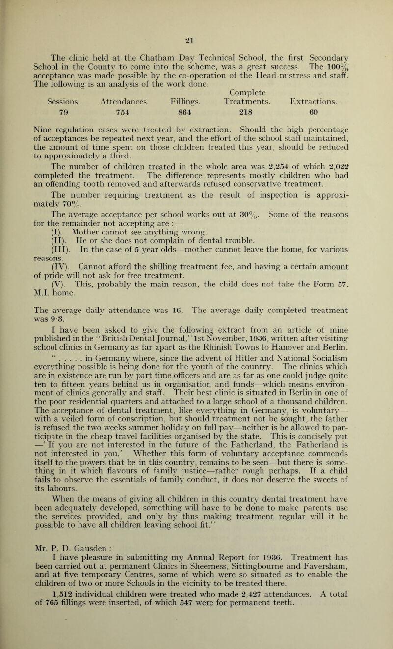 The clinic held at the Chatham Day Technical School, the hrst Secondary School in the County to come into the scheme, was a great success. The 100% acceptance was made possible by the co-operation of the Head-mistress and staff. The following is an analysis of the work done. Complete Sessions. Attendances. Fillings. Treatments. Extractions. 79 754 864 218 60 Nine regulation cases were treated by extraction. Should the high percentage of acceptances be repeated next year, and the effort of the school staff maintained, the amount of time spent on those children treated this year, should be reduced to approximately a third. The number of children treated in the whole area was 2,254 of which 2,022 completed the treatment. The difference represents mostly children who had an offending tooth removed and afterwards refused conservative treatment. The number requiring treatment as the result of inspection is approxi- mately 70%. The average acceptance per school works out at 30%. Some of the reasons for the remainder not accepting are :— (I) . Mother cannot see anything wrong. (II) . He or she does not complain of dental trouble. (III) . In the case of 5 year olds—mother cannot leave the home, for various reasons. (IV) . Cannot afford the shilling treatment fee, and having a certain amount of pride will not ask for free treatment. (V) . This, probably the main reason, the child does not take the Form 57. M.I. home. The average daily attendance was 16. The average daily completed treatment was 9-3. I have been asked to give the following extract from an article of mine published in the British Dental Journal,” 1st November, 1936, written after visiting school clinics in Germany as far apart as the Rhinish Towns to Hanover and Berlin. “ in Germany where, since the advent of Hitler and National Socialism everything possible is being done for the youth of the country. The clinics which are in existence are run by part time officers and are as far as one could judge quite ten to fifteen years behind us in organisation and funds—which means environ- ment of clinics generally and staff. Their best clinic is situated in Berlin in one of the poor residential quarters and attached to a large school of a thousand children. The acceptance of dental treatment, like everything in Germany, is voluntary— with a veiled form of conscription, but should treatment not be sought, the father is refused the two weeks summer holiday on full pay—neither is he allowed to par- ticipate in the cheap travel facilities organised by the state. This is concisely put —‘ If you are not interested in the future of the Fatherland, the Fatherland is not interested in you.’ Whether this form of voluntary acceptance commends itself to the powers that be in this country, remains to be seen—but there is some- thing in it which flavours of family justice—rather rough perhaps. If a child fails to observe the essentials of family conduct, it does not deserve the sweets of its labours. When the means of giving all children in this country dental treatment have been adequately developed, something will have to be done to make parents use the services provided, and only by thus making treatment regular will it be possible to have all children leaving school fit.” Mr. P. D. Gausden : I have pleasure in submitting my Annual Report for 1936. Treatment has been carried out at permanent Clinics in Sheerness, Sittingbourne and Faversham, and at five temporary Centres, some of which were so situated as to enable the children of two or more Schools in the vicinity to be treated there. 1,512 individual children were treated who made 2,427 attendances. A total of 765 fillings were inserted, of which 547 were for permanent teeth.