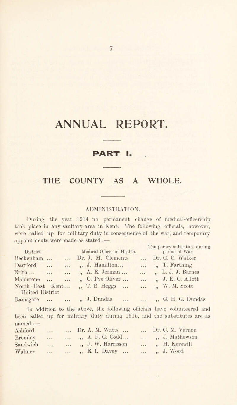 ANNUAL REPORT. THE COUNTY AS A WHOLE. ADMINISTRATION. During the year 1914 no permanent change of medical-officership took place in any sanitary area in Kent. The following officials, however, were called up for military duty in consequence of the war, and temporary appointments were made as stated :— District. Beckenham ... Dartford Erith... Maidstone North-East Kent... United District Ramsgate Medical Officer of Health. Dr. J. M. Clements ,, J. Hamilton... ,, A. E. Jerman ... ,, C. Pye Oliver ... „ T. B. Heggs ... ,, J. Dundas Temporary substitute during period of War. Dr. G. C. Walker ,, T. Farthing ,, L. J. J. Barnes ,, J. E. C. Allott ,, W. M. Scott ,, G. H. G. Dundas In addition to the above, the following officials have volunteered and been called up for military duty during 1915, and the substitutes are as named :— Ashford Bromley Sandwich Walmer Dr. A. M. Watts ... „ A. F. G. Code!... ,, J. W. Harrisson ,, E. L. Davey ... Dr. G. M. Vernon ,, J. Mathewson ,, H. Kerswill ,, J. Wood