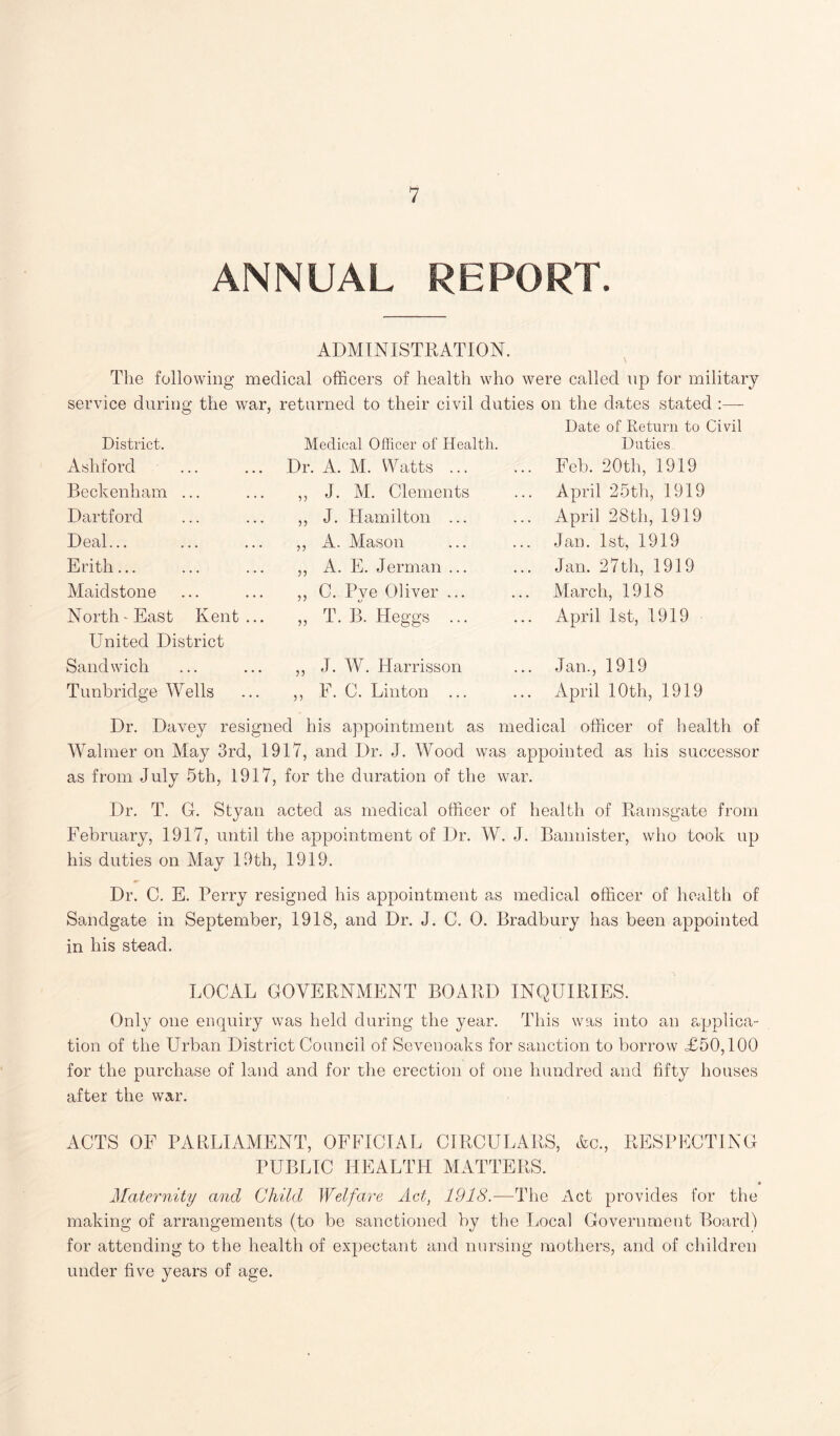 ANNUAL REPORT. ADMINISTRATION. The following medical officers of health who were called up for military service during the war, returned to their civil duties on the dates stated :— Date of Return to Civil Medical Officer of Health. Duties Dr. A. M. Watts. Feb. 20th, 1919 District. Ashford Beckenham ... Dartford Deal... Erith... Maidstone North-East Kent United District Sandwich Tunbridge Wells 55 55 55 55 55 55 55 5 5 J. M. Clements J. Hamilton ... A. Mason A. E. Jerman ... C. Pve Oliver ... T. B. Heggs ... J. W. Harrisson F. C. Linton ... April 25th, 1919 April 28th, 1919 Jan. 1st, 1919 Jan. 27th, 1919 March, 1918 April 1st, 1919 Jan., 1919 April 10th, 1919 Dr. Davey resigned his appointment as medical officer of health of Walmer on May 3rd, 1917, and Dr. J. Wood was appointed as his successor as from July 5th, 1917, for the duration of the war. Dr. T. G. Styan acted as medical officer of health of Ramsgate from February, 1917, until the appointment of Dr. W. J. Bannister, who took up his duties on May 19th, 1919. Dr. C. E. Perry resigned his appointment as medical officer of health of Sandgate in September, 1918, and Dr. J. C. 0. Bradbury has been appointed in his stead. LOCAL GOVERNMENT BOARD INQUIRIES. Only one enquiry was held during the year. This was into an applica¬ tion of the Urban District Council of Sevenoaks for sanction to borrow =£50,100 for the purchase of land and for the erection of one hundred and fifty houses after the war. ACTS OF PARLIAMENT, OFFICIAL CIRCULARS, Ac., RESPECTING PUBLIC HEALTH MATTERS. * Maternity and Child Welfare Act, 1918.—The Act provides for the making of arrangements (to be sanctioned by the Local Government Board) for attending to the health of expectant and nursing mothers, and of children under five years of age.