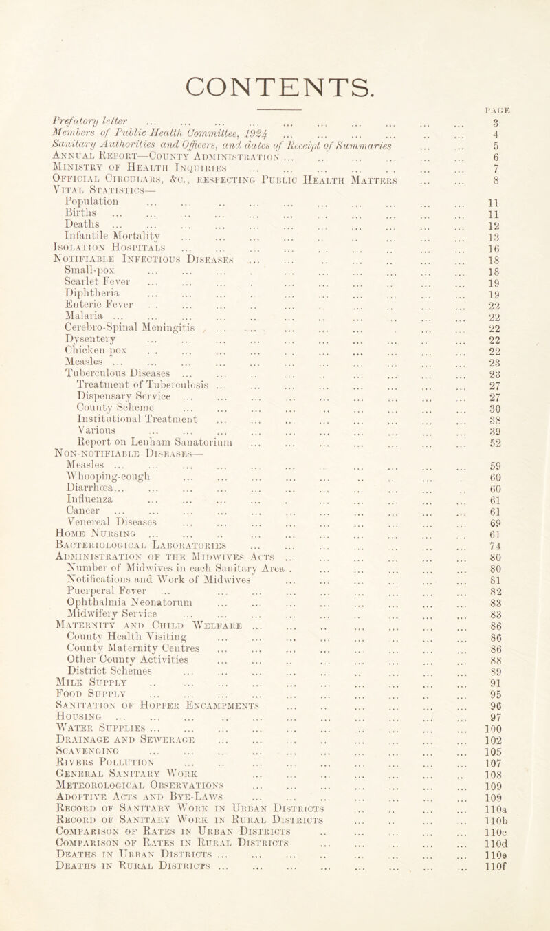 CONTENTS PAGE Prefatory letter Members of Public Health Committee, 192 f . Sanitary Authorities and Officers, and dates of Receipt of Summaries Annual Repoet—County Administration ... Ministry of Health Inquiries Official Circulars, &c., respecting Public Health Matters Vital Statistics— Population Births Deaths Infantile Mortality Isolation Hospitals Notifiable Infectious Diseases Small-pox Scarlet Fever Diphtheria Enteric Fever Malaria ... Cerebro-Spinal Meningitis , Dysentery Chicken-pox Measles ... Tuberculous Diseases ... Treatment of Tuberculosis Dispensary Service ... County Scheme Institutional Treatment V arious Report on Lenham Sanatorium Non-notifiable Diseases— Measles ... Whooping-cough Diarrhoea... Influenza Cancer Venereal Diseases Home Nursing. Bacteriological Laboratories Administration of the Midwives Acts Number of Midwives in each Sanitary Area . Notifications and Work of Midwives Puerperal Fever Ophthalmia Neonatorum Midwifery Service Maternity and Child Welfare . County Health Visiting County Maternity Centres Other County Activities District Schemes Milk Supply .. . Food Supply . Sanitation of Hopper Encampments Housing ... ... ... . Water Supplies. Drainage and Sewerage Scavenging . .. Rivers Pollution . . General Sanitary Work . Meteorological Observations . Adoptive Acts and Bye-Laws . Record of Sanitary Work in Urban Districts Record of Sanitary Work in Rural Districts Comparison of Rates in Urban Districts Comparison of Rates in Rural Districts Deaths in Urban Districts. Deaths in Rural Districts. 4 5 6 7 8 11 11 12 13 16 18 18 19 19 22 22 22 22 22 23 23 27 27 30 38 39 52 59 60 60 61 61 69 61 74 80 80 81 82 83 83 86 86 86 88 89 91 95 96 97 100 102 105 107 108 109 109 110a 110b 110c nod 110a llOf