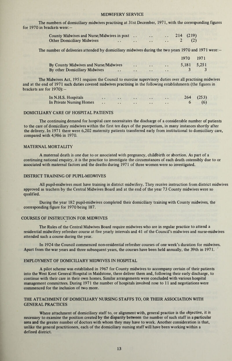 MIDWIFERY SERVICE The numbers of domiciliary midwives practising at 31st December, 1971, with the corresponding figures for 1970 in brackets were:— County Midwives and Nurse/Midwives in post .. .. .. 214 (219) Other Domiciliary Midwives .. .. .. . . 2 (2) The number of deliveries attended by domiciliary midwives during the two years 1970 and 1971 were: — 1970 1971 By County Midwives and Nurse/Midwives .. . . .. 5,181 5,251 By other Domiciliary Midwives .. .. .. .. 3 3 The Midwives Act, 1951 requires the Council to exercise supervisory duties over all practising midwives and at the end of 1971 such duties covered midwives practising in the following establishments (the figures in brackets are for 1970): — In N.H.S. Hospitals 264 (253) In Private Nursing Homes .. .. .. .. . . 6 (6) DOMICILIARY CARE OF HOSPITAL PATIENTS The continuing demand for hospital care necessitates the discharge of a considerable number of patients to the care of domiciliary midwives within the first ten days of the puerperium, in many instances shortly after the delivery. In 1971 there were 6,202 maternity patients transferred early from institutional to domiciliary care, compared with 4,986 in 1970. MATERNAL MORTALITY A maternal death is one due to or associated with pregnancy, childbirth or abortion. As part of a continuing national enquiry, it is the practice to investigate the circumstances of each death ostensibly due to or associated with maternal factors and the deaths during 1971 of three women were so investigated. DISTRICT TRAINING OF PUPIl^MIDWIVES All pupil-midwives must have training in district midwifery. They receive instruction from district midwives approved as teachers by the Central Midwives Board and at the end of the year 73 County midwives were so qualified. During the year 182 pupil-midwives completed their domiciliary training with County midwives, the corresponding figure for 1970being 187. COURSES OF INSTRUCTION FOR MIDWIVES The Rules of the Central Midwives Board require midwives who are in regular practice to attend a residential midwifery refresher course at five yearly intervals and 41 of the Council’s midwives and nurse-midwives attended such a course during the year. In 1924 the Council commenced non-residential refresher courses of one week’s duration for midwives. Apart from the war years and three subsequent years, the courses have been held annually, the 39th in 1971. EMPLOYMENT OF DOMICILIARY MIDWIVES IN HOSPITAL A pilot scheme was established in 1967 for County midwives to accompany certain of their patients into the West Kent General Hospital in Maidstone, there deliver them and, following their early discharge, to continue with their care in their own homes. Similar arrangements were concluded with various hospital management committees. During 1971 the number of hospitals involved rose to 11 and negotiations were commenced for the inclusion of two more. THE ATTACHMENT OF DOMICILIARY NURSING STAFFS TO, OR THEIR ASSOCIATION WITH GENERAL PRACTICES Where attachment of domiciliary staff to, or alignment with, general practice is the objective, it is necessary to examine the position created by the disparity between the number of such staff in a particular area and the greater number of doctors wi th whom they may have to work. Another consideration is that, unlike the general practitioners, each of the domiciliary nursing staff will have been working within a defined district.