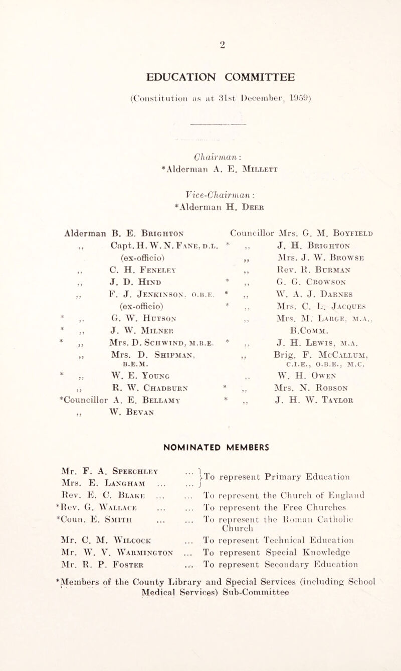 EDUCATION COMMITTEE (Constitution :is at 31st Deceiuber, 19ob) Chairman: * Alderman A. E. Millett Vice-Chairman: * Alderman H. Deer Alderman B. E. Brighton ,, Capt. H. W.N.FanEjD.l. (ex-officio) ,, C. H. Fenelf.y ,, J. D. Hind F. J. Jenkinson, o.m.f.. (ex-officio) * G. W. Hutson * ,, J. W. Milner * ,j Mrs. D. Schwind. M.n.E. Mrs. D. Shipman, B.E.M. * W. E. A'oung ,5 R. W. Chadburn ^Councillor A. E. Bellamy ,, W. Bevan Councillor Mrs. G. M. Boyfield ,, J. H. Brighton ,, Mrs. J. W. Browse ,, Rev. R. Burman ,, G. G. Crowson ,, W. A. J. DARNES Mrs. C. L. Jacques ,, Mrs, M. Large, m.a.. B.Comm. J. H. Lewis, m.a. ,, Brig. F. McCallum, C.I.E., O.B.E., M.C. W. H. OWEN ,, Mrs. N. Robson ,, J. H. AV. Taylor NOMINATED MEMBERS Mr. F. A. Speechley Mrs. E. Lang HA Ai Rev. E. C. Blake *Rev. G. AVallace ‘'Conn. E. Saiith Mr. C. M. AATlcock Mr. AAL A^, A\araiington Mr. R. P. Foster J»To represent Primary Education To represent the Church of England To represent the Free Churches 3'(j rei)resent tlie Roman Catholic Church To represent Technical Education To represent Special Knowledge To represent Secondary Education *Meinbers of the County Library and Special Services (including School Medical Services) Sub-Committee