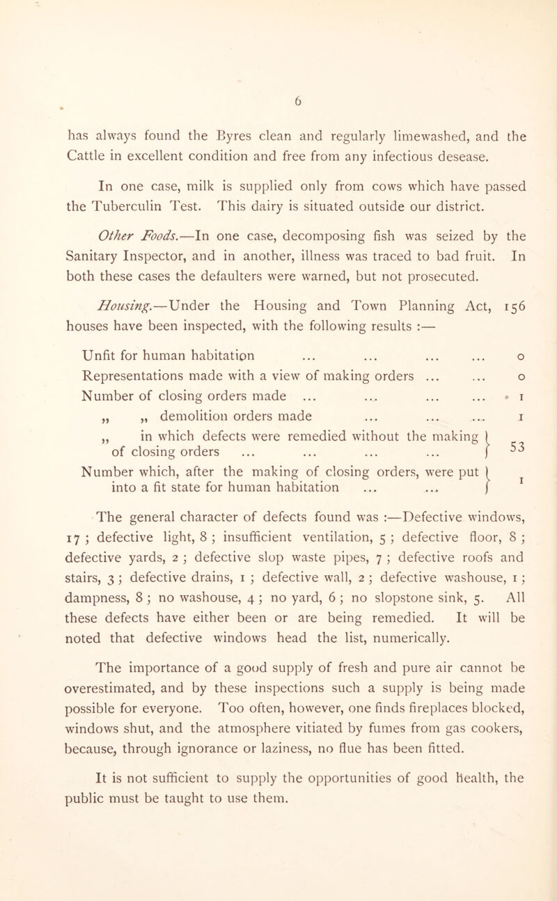 has always found the Byres clean and regularly limewashed, and the Cattle in excellent condition and free from any infectious desease. In one case, milk is supplied only from cows which have passed the Tuberculin Test. This dairy is situated outside our district. Other Foods.—In one case, decomposing fish was seized by the Sanitary Inspector, and in another, illness was traced to bad fruit. In both these cases the defaulters were warned, but not prosecuted. Housing.—Under the Housing and Town Planning Act, 156 houses have been inspected, with the following results :— Unfit for human habitation Representations made with a view of making orders ... Number of closing orders made „ „ demolition orders made ,, in which defects were remedied without the making of closing orders Number which, after the making of closing orders, were put into a fit state for human habitation o 0 » 1 1 53 1 The general character of defects found was :—Defective windows, 17 ; defective light, 8 ; insufficient ventilation, 5 ; defective floor, 8 ; defective yards, 2 ; defective slop waste pipes, 7 ; defective roofs and stairs, 3; defective drains, 1 ; defective wall, 2 ; defective washouse, 1; dampness, 8 ; no washouse, 4; no yard, 6 ; no slopstone sink, 5. All these defects have either been or are being remedied. It will be noted that defective windows head the list, numerically. The importance of a good supply of fresh and pure air cannot be overestimated, and by these inspections such a supply is being made possible for everyone. Too often, however, one finds fireplaces blocked, windows shut, and the atmosphere vitiated by fumes from gas cookers, because, through ignorance or laziness, no flue has been fitted. It is not sufficient to supply the opportunities of good health, the public must be taught to use them.