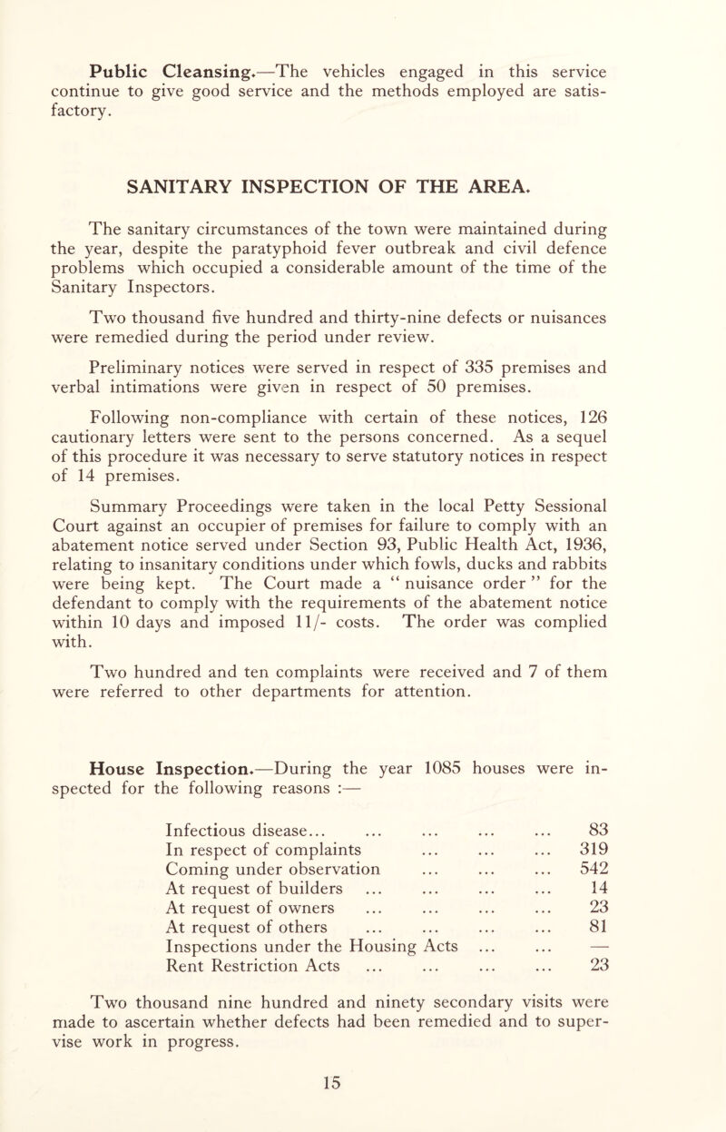 Public Cleansing*—The vehicles engaged in this service continue to give good service and the methods employed are satis- factory. SANITARY INSPECTION OF THE AREA* The sanitary circumstances of the town were maintained during the year, despite the paratyphoid fever outbreak and civil defence problems which occupied a considerable amount of the time of the Sanitary Inspectors. Two thousand five hundred and thirty-nine defects or nuisances were remedied during the period under review. Preliminary notices were served in respect of 335 premises and verbal intimations were given in respect of 50 premises. Following non-compliance with certain of these notices, 126 cautionary letters were sent to the persons concerned. As a sequel of this procedure it was necessary to serve statutory notices in respect of 14 premises. Summary Proceedings were taken in the local Petty Sessional Court against an occupier of premises for failure to comply with an abatement notice served under Section 93, Public Health Act, 1936, relating to insanitary conditions under which fowls, ducks and rabbits were being kept. The Court made a “ nuisance order ” for the defendant to comply with the requirements of the abatement notice within 10 days and imposed 11/- costs. The order was complied with. Two hundred and ten complaints were received and 7 of them were referred to other departments for attention. House Inspection*—During the year 1085 houses were in- spected for the following reasons :— Infectious disease... ... ... ... ... 83 In respect of complaints ... ... ... 319 Coming under observation ... ... ... 542 At request of builders ... ... ... ... 14 At request of owners ... ... ... ... 23 At request of others ... ... ... ... 81 Inspections under the Housing Acts ... ... — Rent Restriction Acts ... ... ... ... 23 Two thousand nine hundred and ninety secondary visits were made to ascertain whether defects had been remedied and to super- vise work in progress.