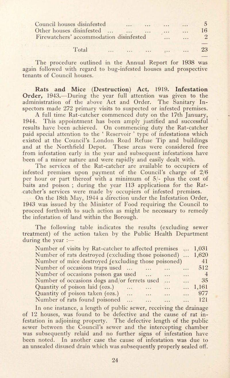 Council houses disinfested ... ... ... ... 5 Other houses disinfested ... ... ... ... ... 16 Firewatchers’ accommodation disinfested ... ... 2 Total 23 The procedure outlined in the Annual Report for 1938 was again followed with regard to bug-infested houses and prospective tenants of Council houses. Rats and Mice (Destruction) Act, 1919* Infestation Order, 1943,—During the year full attention was given to the administration of the above Act and Order. The Sanitary In- spectors made 272 primary visits to suspected or infested premises. A full time Rat-catcher commenced duty on the 17th January, 1944. This appointment has been amply justified and successful results have been achieved. On commencing duty the Rat-catcher paid special attention to the ‘ Reservoir ’ type of infestations which existed at the Council’s London Road Refuse Tip and buildings and at the Northfield Depot. These areas were considered free from infestation early in the year and subsequent infestations have been of a minor nature and were rapidly and easily dealt with. The services of the Rat-catcher are available to occupiers of infested premises upon payment of the Council’s charge of 2/6 per hour or part thereof with a minimum of 5/- plus the cost of baits and poison ; during the year 113 applications for the Rat- .catcher’s services were made by occupiers of infested premises. On the 18th May, 1944 a direction under the Infestation Order, 1943 was issued by the Minister of Food requiring the Council to proceed forthwith to such action as might be necessary to remedy the infestation of land within the Borough. The following table indicates the results (excluding sewer treatment) of the action taken by the Public Health Department during the year :— Number of visits by Rat-catcher to affected premises ... 1,031 Number of rats destroyed (excluding those poisoned) ... 1,620 Number of mice destroyed ^excluding those poisoned) 41 Number of occasions traps used ... ... ... ... 512 Number of occasions poison gas used ... ... ... 4 Number of occasions dogs and/or ferrets used ... ... 35 Quantity of poison laid (ozs.) ... ... ... ... 1,161 Quantity of poison taken (ozs.) ... ... ... ... 977 Number of rats found poisoned ... ... ... ... 121 In one instance, a length of public sewer, receiving the drainage of 12 houses, was found to be defective and the cause of rat in- festation in adjoining property. The defective length of the public sewer between the Council’s sew^er and the intercepting chamber was subsequently relaid and no further signs of infestation have been noted. In another case the cause of infestation was due to an unsealed disused drain which was subsequently properly sealed off.