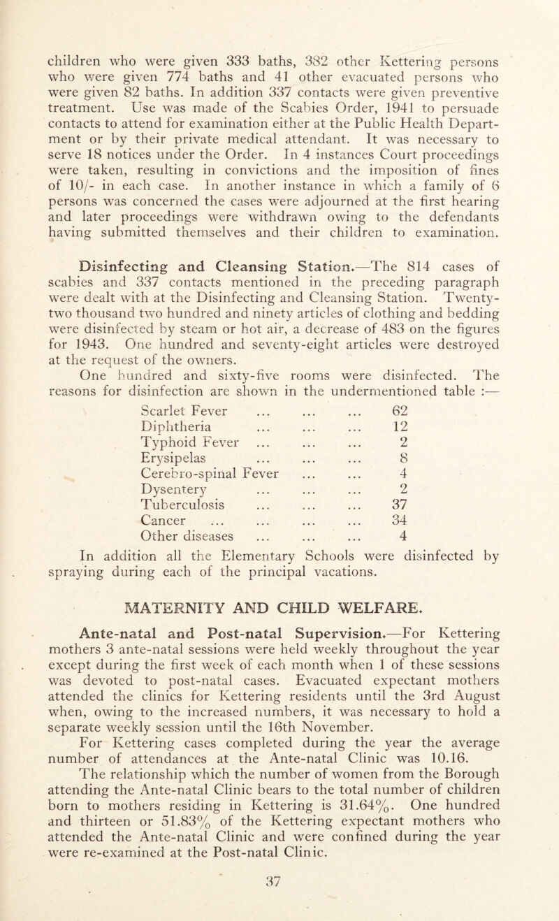 children who were given 333 baths, 382 other Kettering persons who were given 774 baths and 41 other evacuated persons who were given 82 baths. In addition 337 contacts were given preventive treatment. Use was made of the Scabies Order, 1941 to persuade contacts to attend for examination either at the Public Health Depart- ment or by their private medical attendant. It was necessary to serve 18 notices under the Order. In 4 instances Court proceedings were taken, resulting in convictions and the imposition of fines of 10/- in each case. In another instance in which a family of 6 persons was concerned the cases were adjourned at the first hearing and later proceedings were withdrawn owing to the defendants having submitted themselves and their children to examination. Disinfecting and Cleansing Station*—The 814 cases of scabies and 337 contacts mentioned in the preceding paragraph were dealt with at the Disinfecting and Cleansing Station. Twenty- two thousand tvm hundred and ninety articles of clothing and bedding were disinfected by steam or hot air, a decrease of 483 on the figures for 1943. One hundred and seventy-eight articles were destroyed at the request of the owners. One hundred and sixty-five rooms were disinfected. The reasons for disinfection are shown in the undermentioned table - Scarlet Fever ... ... ... 62 Diphtheria ... ... ... 12 Typhoid Fever ... ... ... 2 Erysipelas ... ... ... 8 Cerebro-spinal Fever ... ... 4 Dysentery ... ... ... 2 Tuberculosis ... ... ... 37 Cancer ... ... ... ... 34 Other diseases ... ... ... 4 In addition all the Elementary Schools were disinfected by spraying during each of the principal vacations. MATERNITY AND CHILD WELFARE* Ante-natal and Post-natal Supervision*—For Kettering mothers 3 ante-natal sessions were held weekly throughout the year except during the first week of each month when 1 of these sessions was devoted to post-natal cases. Evacuated expectant mothers attended the clinics for Kettering residents until the 3rd August when, owing to the increased numbers, it was necessary to hold a separate weekly session until the 16th November. For Kettering cases completed during the year the average number of attendances at the Ante-natal Clinic was 10.16. The relationship which the number of women from the Borough attending the Ante-natal Clinic bears to the total number of children born to mothers residing in Kettering is 31.64%. One hundred and thirteen or 51.83% of the Kettering expectant mothers who attended the Ante-natal Clinic and were confined during the year were re-examined at the Post-natal Clinic.