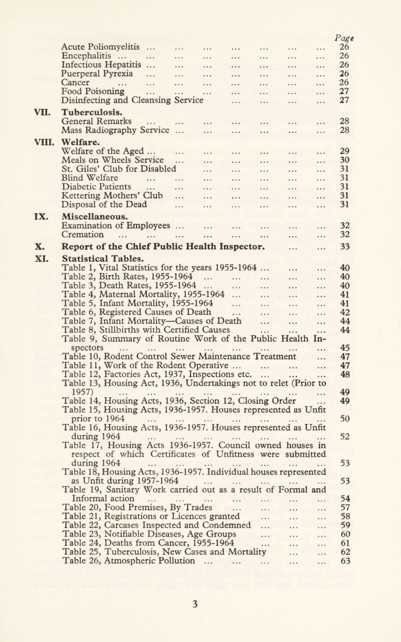VII. VIII. IX. X. XI. Acute Poliomyelitis ... Encephalitis ... Infectious Hepatitis ... Puerperal Pyrexia Cancer Food Poisoning Disinfecting and Cleansing Service Tuberculosis. General Remarks Mass Radiography Service ... Welfare Welfare of the Aged Meals on Wheels Service St. Giles’ Club for Disabled Blind Welfare Diabetic Patients Kettering Mothers’ Club Disposal of the Dead Miscellaneous. Examination of Employees ... Cremation Report of the Chief Public Health Inspector. Statistical Tables. Table 1, Vital Statistics for the years 1955-1964 .. Table 2, Birth Rates, 1955-1964 Table 3, Death Rates, 1955-1964 ... Table 4, Maternal Mortality, 1955-1964 Table 5, Infant Mortality, 1955-1964 Table 6, Registered Causes of Death Table 7, Infant Mortality—Causes of Death Table 8, Stillbirths with Certified Causes Table 9, Summary of Routine Work of the Public Health In- spectors Table 10, Rodent Control Sewer Maintenance Treatment Table 11, Work of the Rodent Operative Table 12, Factories Act, 1937, Inspections etc. ... Table 13, Housing Act, 1936, Undertakings not to relet (Prior to 1957) Table 14, Housing Acts, 1936, Section 12, Closing Order Table 15, Housing Acts, 1936-1957. Houses represented as Unfit prior to 1964 Table 16, Housing Acts, 1936-1957. Houses represented as Unfit during 1964 Table 17, Housing Acts 1936-1957. Council owned houses in respect of which Certificates of Unfitness were submitted during 1964 ... ... Table 18, Housing Acts, 1936-1957. Individual houses represented as Unfit during 1957-1964 Table 19, Sanitary Work carried out as a result of Formal and Informal action Table 20, Food Premises, By Trades Table 21, Registrations or Licences granted Table 22, Carcases Inspected and Condemned ... Table 23, Notifiable Diseases, Age Groups Table 24, Deaths from Cancer, 1955-1964 Table 25, Tuberculosis, New Cases and Mortality Table 26, Atmospheric Pollution ... Page 26 26 26 26 26 27 27 28 28 29 30 31 31 31 31 31 32 32 33 40 40 40 41 41 42 44 44 45 47 47 48 49 49 50 52 53 53 54 57 58 59 60 61 62 63