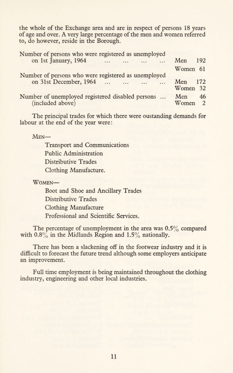 the whole of the Exchange area and are in respect of persons 18 years of age and over. A very large percentage of the men and women referred to, do however, reside in the Borough. Number of persons who were registered as unemployed on 1st January, 1964 Number of persons who were registered as unemployed on 31st December, 1964 Number of unemployed registered disabled persons ... (included above) Men 192 Women 61 Men 172 Women 32 Men 46 Women 2 The principal trades for which there were oustanding demands for labour at the end of the year were: Men— Transport and Communications Public Administration Distributive Trades Clothing Manufacture. Women— Boot and Shoe and Ancillary Trades Distributive Trades Clothing Manufacture Professional and Scientific Services. The percentage of unemployment in the area was 0.5% compared with 0.8% in the Midlands Region and 1.5% nationally. There has been a slackening off in the footwear industry and it is difficult to forecast the future trend although some employers anticipate an improvement. Full time employment is being maintained throughout the clothing industry, engineering and other local industries.