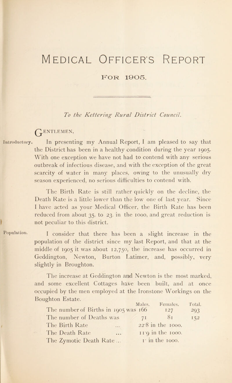 Medical Officer’s Report Introductory. Population. for 1905. To the Kettering Rural District Council. G ENTLEMEN, In presenting my Annual Report, I am pleased to say that the District has been in a healthy condition during the year 1905. With one exception we have not had to contend with any serious outbreak of infectious disease, and with the exception of the great scarcity of water in many places, owing to the unusually dry season experienced, no serious difficulties to contend with. The Birth Rate is still rather quickly on the decline, the Death Rate is a little lower than the low one of last year. Since I have acted as your Medical Officer, the Birth Rate has been reduced from about 35. to 23. in the 1000, and great reduction is not peculiar to this district. I consider that there has been a slight increase in the population of the district since my last Report, and that at the middle of 1905 it was about 12,750, the increase has occurred in Geddington, Newton, Burton Latimer, and, possibly, very slightly in Broughton. The increase at Geddington and Newton is the most marked, and some excellent Cottages have been built, and at once occupied by the men employed at the Ironstone Workings on the Boughton Estate. Males. Females. Total The number of Births in 1905 was 166 127 293 The number of Deaths was 71 81 L52 The Birth Rate 22‘8 in the 1000. The Death Rate i r9 in the 1000. The Zymotic Death Rate ... r in the 1000.