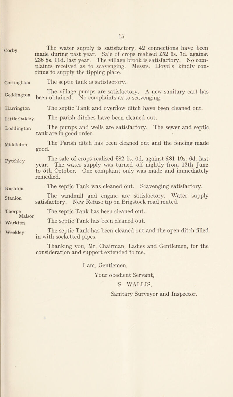 Corby Cottingham Geddington ! Harrington Little Oakley Loddington I Middleton Pytchley Rushton Stanion Thorpe Malsor Warkton Weekley The water supply is satisfactory, 42 connections have been made during past year. Sale of crops realised £52 6s. 7d. against £38 8s. lid. last year. The village brook is satisfactory. No com- plaints received as to scavenging. Messrs. Lloyd’s kindly con- tinue to supply the tipping place. The septic tank is satisfactory. The village pumps are satisfactory. A new sanitary cart has been obtained. No complaints as to scavenging. The septic Tank and overflow ditch have been cleaned out. The parish ditches have been cleaned out. The pumps and wells are satisfactory. The sewer and septic tank are in good order. The Parish ditch has been cleaned out and the fencing made good. The sale of crops realised £82 Is. Od. against £81 19s. 6d. last year. The water supply was turned off nightly from 12th June to 5th October. One complaint only was made and immediately remedied. The septic Tank was cleaned out. Scavenging satisfactory. The windmill and engine are satisfactory. Water supply satisfactory. New Refuse tip on Brigstock road rented. The septic Tank has been cleaned out. The septic Tank has been cleaned out. The septic Tank has been cleaned out and the open ditch filled in with socketted pipes. Thanking you, Mr. Chairman, Ladies and Gentlemen, for the consideration and support extended to me. I am, Gentlemen, Your obedient Servant, S. WALLIS, Sanitary Surveyor and Inspector.