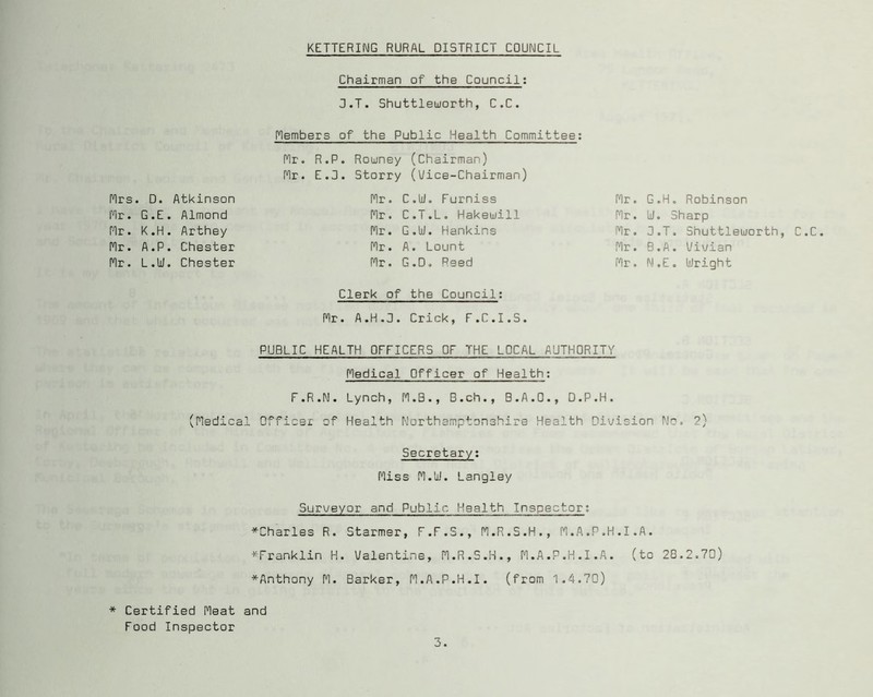 KETTERING RURAL DISTRICT COUNCIL Chairman of the Council; J.T. Shuttleu/orth, C.C. Members of the Public Health Committee: Plr. R.P. Romney (Chairman) f^r. E.3. Storry (Uice-Chairman) Mrs. D. Atkinson Mr. C.UJ. Furniss Mr. G.H. Robinson Mr. G.E. Almond Mr. C.T.L. Hakemill Mr. U. Sharp Mr. K.H. Arthey Mr. G.U. Hankins Mr. O.T. Shuttlemorth, Mr. A.P. Chester Mr. A. Lount Mr. B.A. Vivian Mr. L.U. Chester Mr. G.D, Reed Mr. M.E. Wright Clerk of the Council: Mr. A.H.3. Crick, F.C.I.S. PUBLIC HEALTH OFFICERS OF THE LOCAL AUTHORITY Medical Officer of Health F.R.N. Lynch, B.ch., B.A.O., D.P.H. (nedical Officer of Health Northamptonshire Health Division No. 2) Secretary; Miss M.ljJ. Langley Surveyor and Public Health Inspector; *Charles R. Starmer, F.F.S., M.R.S.H., M.A.P.H.I.A. ^Franklin H. Walentine, M.R.S.H., M.A.P.H.I.A. (to 28.2.70) *Anthony M. Barker, M.A.P.H.I. (from 1.4.70) * Certified Meat and Food Inspector