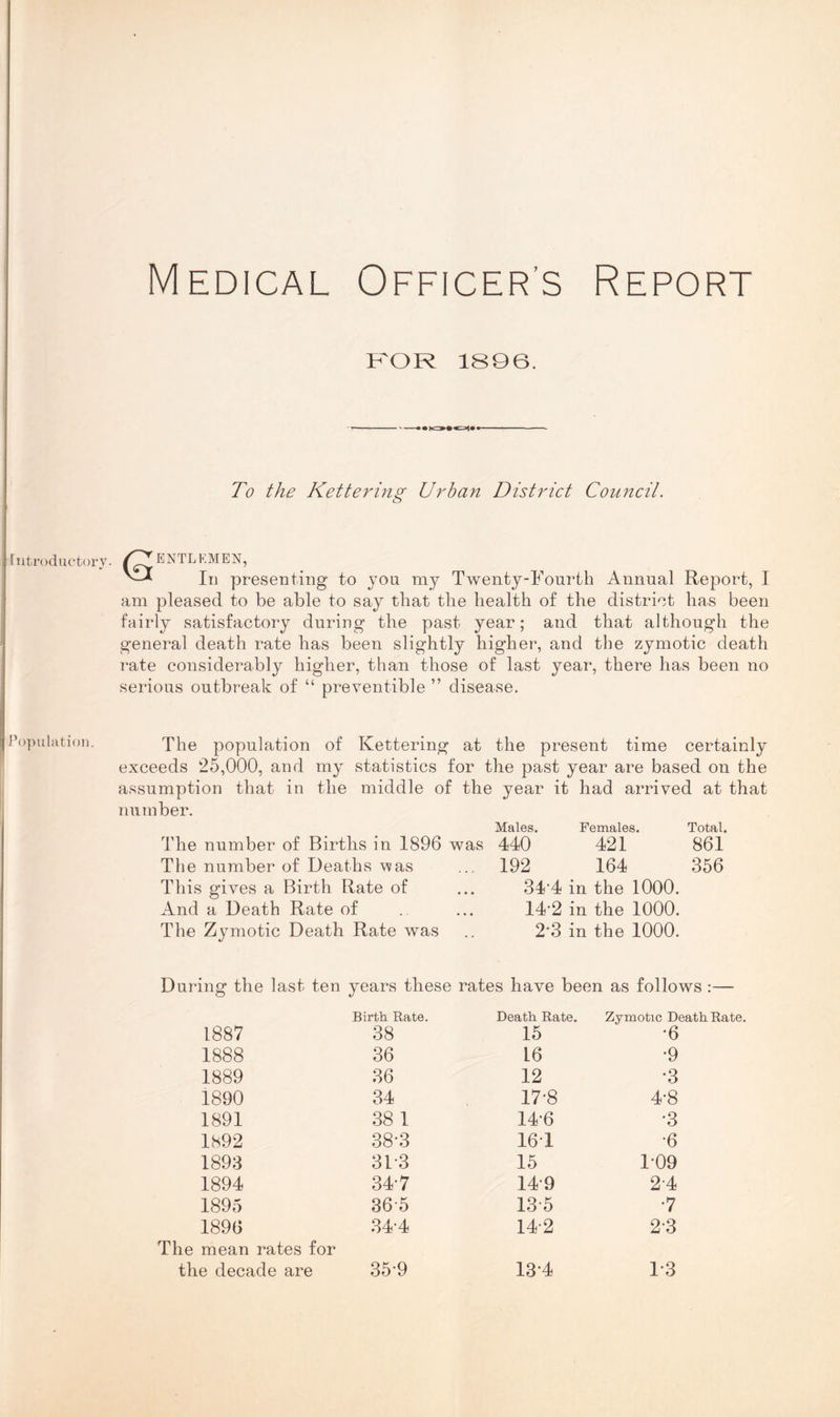 Medical Officer’s Report FOR 1896. To the Kettering Urban District Council. Introductory. GEI ENTLKMEN, In presenting to you my Twenty-Fourth Annual Report, I am pleased to be able to say that the health of the district has been fairly satisfactory during the past year; and that although the general death rate has been slightly higher, and the zymotic death rate considerably higher, than those of last year, there has been no serious outbreak of “ preventable ” disease. Population. The population of Kettering at the present time certainly exceeds 25,000, and my statistics for the past year are based on the assumption that in the middle of the year it had arrived at that number. The number of Births in 1896 was The number of Deaths was This gives a Birth Rate of And a Death Rate of The Zymotic Death Rate was Males. Females. Total. 440 421 861 192 164 356 34'4 in the 1000. 14*2 in the 1000. 2*3 in the 1000. During the last ten years these rates have been as follows :— 1887 Birth Rate. 38 Death Rate. 15 Zymotic Death Rate. *6 1888 36 16 *9 1889 36 12 *3 1890 34 17*8 4*8 1891 38 1 14*6 *3 1892 38*3 16T *6 1893 31*3 15 1*09 1894 34*7 14*9 2*4 1895 36*5 13*5 *7 1896 34*4 14*2 2*3 The mean rates for the decade are 35*9 13*4 1*3