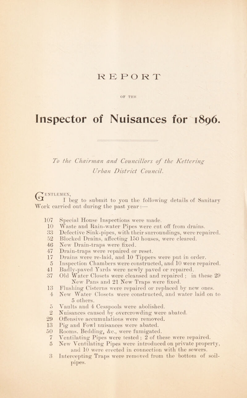 REPORT OF THE Inspector of Nuisances for1896. To the Chairman and Councillors of the Kettering Urban District Council. Gentlemen, I beg to submit to you the following details of Sanitary Work carried out during the past year:— 107 Special House Inspections were made. 10 Waste and Rain-water Pipes were cut off from drains. 33 Defective Sink-pipes, with their surroundings, were repaired. 52 Blocked Drains, affecting 150 houses, were cleared. 46 Hew Drain-traps were fixed. 47 Drain-traps were repaired or reset. 17 Drains were re-laid, and 10 Tippers were put in order. 5 Inspection Chambers were constructed, and 10 were repaired. 41 Badly-paved Yards were newly paved or repaired. 37 Old Water Closets were cleansed and repaired ; in these 29 Hew Pans and 21 Hew Traps were fixed. 13 Flushing Cisterns were repaired or replaced by new ones. 4 Hew Water Closets were constructed, and water laid on to 5 others. 5 Vaults and 4 Cesspools were abolished. 2 Huisances caused by overcrowding were abated. 29 Offensive accumulations were removed. 13 Pig and Fowl nuisances were abated. 50 Rooms. Bedding, &c., were fumigated. 7 Ventilating Pipes were tested ; 2 of these were repaired. 5 Hew Ventilating Pipes wrere introduced on private property, and 10 were erected in connection with the sewers. 3 Intercepting Traps were removed from the bottom of soil- pipes.