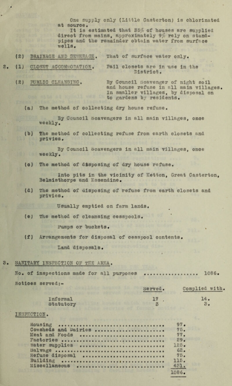One supply only (Little Casterton) is chlorinated at source. It is estimated that 35,’ of houses are supplied direct from mains, approximately 9/ rely on stand- pipes and the remainder obtain water from surface wells. (2) DRAINAGE AND SF’T.RAGK, That of surface rater only. 2. (1) CLOSET ACCOMMODATION. Pail closets are in use District• in the (2) HJBLIC CLEANSING. By Council scavenger of night soil and house refuse in all main villages. In smaller villages, hy disposal on to gardens ly residents, (a) The method of collecting dry house refuse. By Council ocavengers in all main villages, once weekly, (b) The method of collecting refuse from earth closets and privies. By Council ocavengers in all main villages, once weekly, (o) The method of disposing of dry house refuse. Into pits in the vicinity of Ketton, Great Casterton, 3elmi8thorpe and Essendine. (d) The method of disposing of refuse from earth closets and privies. Usually emptied on farm lands, (e) The method of cleansing cesspools. Pumps or buckets, , (f) Arrangements for disposal of cesspool contents. Land disposals. 3. SANITARY INSPECTION OF THE AREA. No. of inspections made for all purposes * 1086, Notices served:- served, Complied with. Informal 17 . 14. statutory 3 3. INSPECTION. Housing 97. Cowsheds and Dairies 75. Heat and Foods 77, Factories 29, water supplies 125. Salvage 62, Refuse disposal 75. Building 115. Miscellaneous 431. 1086.