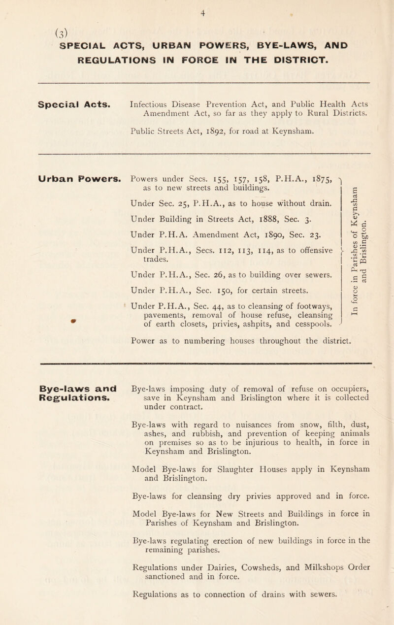 (3) SPECIAL ACTS, URBAN POWERS, BYE-LAWS, AND REGULATIONS IN FORCE IN THE DISTRICT. Special Acts. Infectious Disease Prevention Act, and Public Health Acts Amendment Act, so far as they apply to Rural Districts. Public Streets Act, 1892, for road at Keynsham. Urban Powers. Powers under Secs. 155, 157, 158, P.H.A., 1875, ' as to new streets and buildings. Under Sec. 25, P.H.A., as to house without drain. Under Building in Streets Act, 1888, Sec. 3. Under P.H.A. Amendment Act, 1890, Sec. 23. Under P.H.A., Secs. 112, 113, 114, as to offensive trades. Under P.H.A., Sec. 26, as to building over sewers. Under P.H.A., Sec. 150, for certain streets. Under P. H.A., Sec. 44, as to cleansing of footways, pavements, removal of house refuse, cleansing of earth closets, privies, ashpits, and cesspools. £ d X ui a V W d - 2 O tn E <u ;s tfl .SS ‘C Pb 1-^ c c • E cS <v (J E 1—( Power as to numbering houses throughout the district. Bye-laws and Bye-laws imposing duty of removal of refuse on occupiers, Regulations. save in Keynsham and Brislington where it is collected under contract. Bye-laws with regard to nuisances from snow, filth, dust, ashes, and rubbish, and prevention of keeping animals on premises so as to be injurious to health, in force in Keynsham and Brislington. Model Bye-laws for Slaughter Houses apply in Keynsham and Brislington. Bye-laws for cleansing dry privies approved and in force. Model Bye-laws for New Streets and Buildings in force in Parishes of Keynsham and Brislington. Bye-laws regulating erection of new buildings in force in the remaining parishes. Regulations under Dairies, Cowsheds, and Milkshops Order sanctioned and in force. Regulations as to connection of drains with sewers.