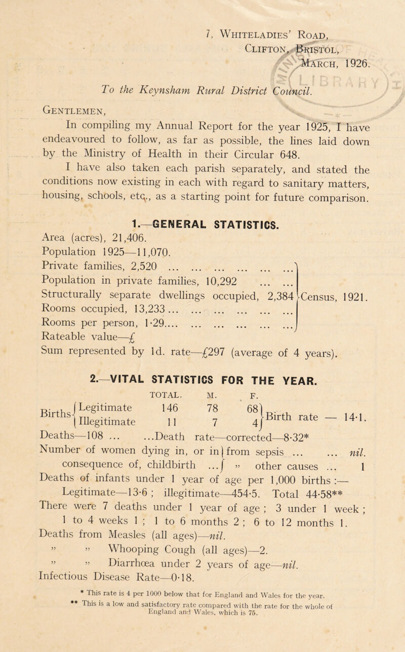 Clifton, Bristol, March, 1926. To the Keynsham Rural District Council. Gentlemen, In compiling my Annual Report for the year 1925, I have endeavoured to follow, as far as possible, the lines laid down by the Ministry of Health in their Circular 648. I have also taken each parish separately, and stated the conditions now existing in each with regard to sanitary matters, housing, schools, etc;., as a starting point for future comparison. 1.—GENERAL STATISTICS. Area (acres), 21,406. Population 1925—11,070. Private families, 2,520 Population in private families, 10,292 Structurally separate dwellings occupied, 2,384 Rooms occupied, 13,233 Rooms per person, 1-29 Rateable value—£ Sum represented by Id. rate—£297 (average of 4 years). > Census, 1921. 2.—VITAL STATISTICS FOR THE YEAR. M. b. TOTAL. (Legitimate 146 78 68] (Illegitimate 11 7 4J n rate Deaths—108 Death rate—corrected—8-32* Number of women dying in, or in (from sepsis consequence of, childbirth ... J » other causes ... Deaths of infants under 1 year of age per 1,000 births 14-1. nil. 1 Legitimate—13-6; illegitimate—454-5. Total 44-58** There were 7 deaths under 1 year of age ; 3 under 1 week ; 1 to 4 weeks 1 ; 1 to 6 months 2 ; 6 to 12 months 1. Deaths from Measles (all ages)—nil. ” ” Whooping Cough (all ages)—2. ” ” Diarrhoea under 2 years of age—nil. Infectious Disease Rate—0-18. This rate is 4 per 1000 below that for England and Wales for the year. ** This is a low and satisfactory rate compared with the rate for the whole of England and Wales, which is 75.