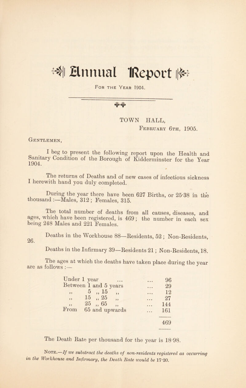 ‘4|i Hnnual IReport i|# For the Year 1904. 4*4* TOWN HALL, February 6th, 1905. Gentlemen, I beg to present the following report upon the Health and Sanitary Condition of the Borough of Kidderminster for the Year 1904. The returns of Deaths and of new cases of infectious sickness I herewith hand you duly completed. During the year there have been 627 Births, or 25*38 in the thousand Males, 312 ; Females, 315. The total number of deaths from all causes, diseases, and ages, which have been registered, is 469 ; the number in each sex being 248 Males and 221 Females. Deaths in the Workhouse 88—Residents, 52 ; Non-Residents, Deaths in the Infirmary 39—Residents 21; Non-Residents, 18. The ages at which the deaths have taken place during the year follows :— Under 1 year 96 Between 1 and 5 years 29 >> 5 ,, 15 ,, ... 12 15 ,, 25 „ 27 „ 25 „ 65 „ 144 From 65 and upwards 161 469 The Death Rate per thousand for the year is 18*98. Note. If toe substract the deaths of non-residents registered as occurring in the Workhouse and Infirmary, the Death Rate would be 17-20.