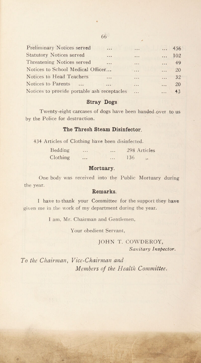 Preliminary Notices served ... ... ... 456 Statutory Notices served ... ... ... 102 Threatening Notices served ... ... ... 49 Notices to School Medical Officer... ... ... 20 Notices to Head Teachers ... ... ... 32 Notices to Parents ... ... ... ... 20 Notices to provide portable ash receptacles ... ... 43 Stray Dogs Twenty-eight carcases of dogs have been handed over to us by the Police for destruction. The Thresh Steam Disinfector. 434 Articles of Clothing have been disinfected. Bedding ... ... 298 Articles Clothing ... ... 336 ,, Mortuary. One body was received into the Public Mortuary during the year. Remarks. I have to thank your Committee for the support they have given me in the work of my department during the year. I am, Mr. Chairman and Gentlemen, Your obedient Servant, JOHN T. COWDEROY, Sanitary Inspector. To the Chairman, Vice-Chairman and Members of the Health Committee.
