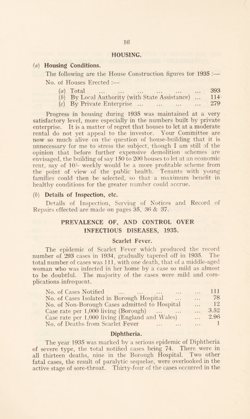 HOUSING, (a) Housing Conditions. The following are the House Construction figures for 1935 :— No. of Houses Erected :— (a) Total ... ... ... ... ... ... 393 (b) By Local Authority (with State Assistance) ... 114 (c) By Private Enterprise ... ... ... ... 279 Progress in housing during 1935 was maintained at a very satisfactory level, more especially in the numbers built by private enterprise. It is a matter of regret that houses to let at a moderate rental do not yet appeal to the investor. Your Committee are now so much alive on the question of house-building that it is unnecessary for me to stress the subject, though I am still of the opinion that before further expensive demolition schemes are envisaged, the building of say 150 to 200 houses to let at an economic rent, say of 10/- weekly would be a more profitable scheme from the point of view of the public health. Tenants with young families could then be selected, so that a maximum benefit in healthy conditions for the greater number could accrue. (b) Details of Inspection, etc. Details of Inspection, Serving of Notices and Record of Repairs effected are made on pages 35, 36 & 37. PREVALENCE OF, AND CONTROL OVER INFECTIOUS DISEASES, 1935. Scarlet Fever. The epidemic of Scarlet Fever which produced the record number of 293 cases in 1934, gradually tapered off in 1935. The total number of cases was 111, with one death, that of a middle-aged woman who was infected in her home by a case so mild as almost to be doubtful. The majority of the cases were mild and com¬ plications infrequent. No. of Cases Notified ... ... ... ... ... Ill No. of Cases Isolated in Borough Hospital ... ... 78 No. of Non-Borough Cases admitted to Hospital ... 12 Case rate per 1,000 living (Borough) ... ... ... 3.52 Case rate per 1,000 living (England and Wales) ... 2.96 No. of Deaths from Scarlet Fever ... ... ... 1 Diphtheria. The year 1935 was marked by a serious epidemic of Diphtheria of severe type, the total notified cases being 74. There were in all thirteen deaths, nine in the Borough Hospital. Two other fatal cases, the result of paralytic sequelae, were overlooked in the active stage of sore-throat. Thirty-four of the cases occurred in the