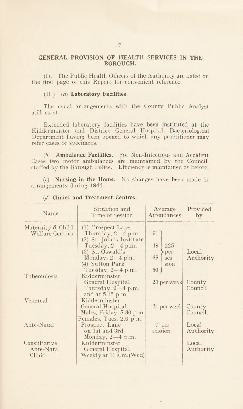 GENERAL PROVISION OF HEALTH SERVICES IN THE BOROUGH. (I). The Public Health Officers of the Authority are listed on the first page of this Report for convenient reference. (II.) (a) Laboratory Facilities. The usual arrangements with the County Public Analyst still exist. Extended laboratory facilities have been instituted at the Kidderminster and District General Hospital, Bacteriological Department having been opened to which any practitioner may refer cases or specimens. (b) Ambulance Facilities. For Non-Infectious and Accident Cases two motor ambulances are maintained by the Council, staffed by the Borough Police. Efficiency is maintained as before. (c) Nursing in the Home. No changes have been made in arrangements during 1944. (id) Clinics and Treatment Centres. Name Situation and Time of Session Average Attendances Provided by Maternity & Child (1) Prospect Lane <311 49 | 225 Welfare Centres Thursday, 2—4 p.m. (2) St. John’s Institute Tuesday, 2—4 p.m. (3) St. Oswald’s j-per Local Tuberculosis Monday, 2—4 p.m. (4) Sutton Park Tuesday, 2—4 p.m. Kidderminster 65 ses- si on 50 J Authority Venereal General Hospital Thursday, 2—4 p.m. and at 5.15 p.m. Kidderminster 20 per week County Council General Hospital Males, Friday, 5.30 p.m. Females, Tues. 2.0 p.m. 21 per week County Council. Ante-Natal Prospect Lane 7 per Local on 1st and 3rd Monday, 2—4 p.m. session Authority Consultative Kidderminster Local Ante-Natal General Hospital Authority Clinic Weekly at 11 a.m.(Wed)