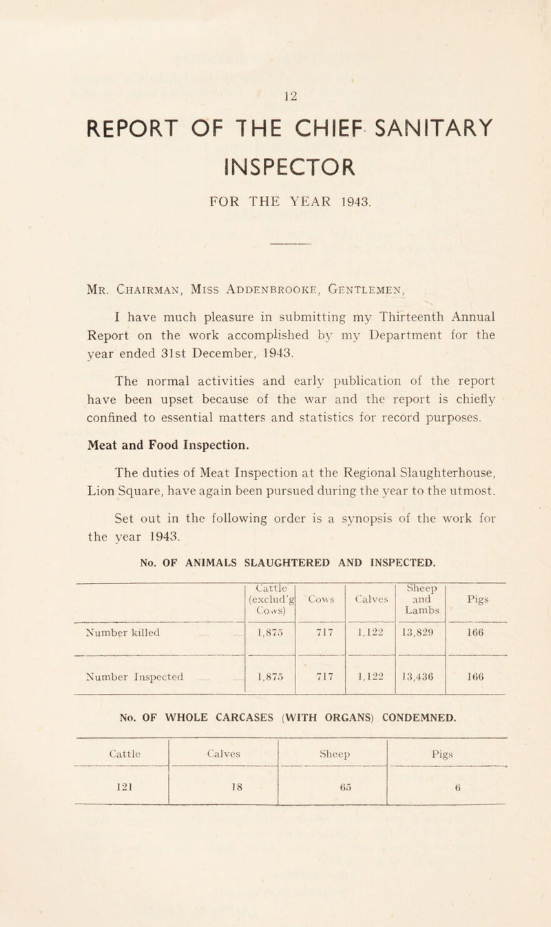 32 REPORT OF THE CHIEF SANITARY INSPECTOR FOR THE YEAR 1943. Mr. Chairman, Miss Addenbrooke, Gentlemen, I have much pleasure in submitting my Thirteenth Annual Report on the work accomplished by my Department for the year ended 31st December, 1943. The normal activities and early publication of the report have been upset because of the war and the report is chiefly confined to essential matters and statistics for record purposes. Meat and Food Inspection. The duties of Meat Inspection at the Regional Slaughterhouse, Lion Square, have again been pursued during the year to the utmost. Set out in the following order is a synopsis of the work for the year 1943. No. OF ANIMALS SLAUGHTERED AND INSPECTED. Cattle (exclud’g Co >vs) Cow s Calves Sheep and Lambs Pigs Number killed 1,875 717 1,122 13,829 166 Number Inspected 1,875 717 1,122 13,436 166 No. OF WHOLE CARCASES (WITH ORGANS) CONDEMNED. Cattle Calves Sheep Pigs 121 18 65 6