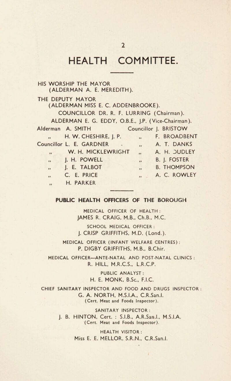HEALTH COMMITTEE. HIS WORSHIP THE MAYOR (ALDERMAN A. E. MEREDITH). THE DEPUTY MAYOR (ALDERMAN MISS E. C. ADDENBROOKE). COUNCILLOR DR. R. F. LURRING (Chairman). ALDERMAN E. G. EDDY, O.B.E., J.P. (Vice-Chairman). Alderman >» Councillor !> A. SMITH Councillor H. W. CHESHIRE, j. P. L. E. GARDNER W. H. MICKLEWRIGHT „ J. H. POWELL J. E. TALBOT C. E. PRICE H. PARKER J. BRISTOW F. BROADBENT A. T. DANKS A. H. DUDLEY B. J. FOSTER B. THOMPSON A. C. ROWLEY PUBLIC HEALTH OFFICERS OF THE BOROUGH MEDICAL OFFICER OF HEALTH : JAMES R. CRAIG, M.B., Ch.B., M.C. SCHOOL MEDICAL OFFICER: J. CRISP GRIFFITHS, M.D. (Lond.). MEDICAL OFFICER (INFANT WELFARE CENTRES): P. DIGBY GRIFFITHS, M.B., B.Chir. MEDICAL OFFICER—ANTE-NATAL AND POST-NATAL CLINICS : R. HILL, M.R.C.S., L.R.C.P. PUBLIC ANALYST : H. E. MONK, B.Sc., F.I.C. CHIEF SANITARY INSPECTOR AND FOOD AND DRUGS INSPECTOR G. A. NORTH, M.S.I.A., C.R.San.l. (Cert. Meat and Foods Inspector). SANITARY INSPECTOR: j. B. HINTON, Cert. : S.I.B., A.R.San.l., M.S.I.A, (Cert. Meat and Foods Inspector). HEALTH VISITOR : Miss E. E. MELLOR, S.R.N., C.R.San.l.
