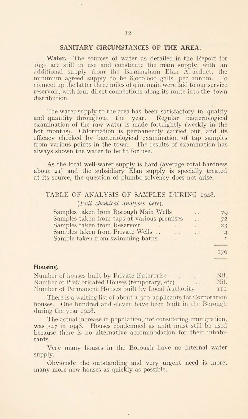 SANITARY CIRCUMSTANCES OF THE AREA. Water.—-The sources of water as detailed in the Report for 1933 are still in use and constitute the main supply, with an additional supply from the Birmingham Elan Aqueduct, the minimum agreed supply to be 8,000,000 galls, per annum. To connect up the latter three miles of 9 in. main were laid to our service reservoir, with four direct connections along its route into the town distribution. The water supply to the area has been satisfactory in quality and quantity throughout the year. Regular bacteriological examination of the raw water is made fortnightly (weekly in the hot months). Chlorination is permanently carried out, and its efficacy checked by bacteriological examination of tap samples from various points in the town. The results of examination has always shown the water to be fit for use. As the local well-water supply is hard (average total hardness about 21) and the subsidiary Elan supply is specially treated at its source, the question of plumbo-solvency does not arise. TABLE OF ANALYSIS OF SAMPLES DURING 1948. (Full chemical analysis here). Samples taken from Borough Main Wells . . 79 Samples taken from taps at various premises . . 72 Samples taken from Reservoir . . . . . . 23 Samples taken from Private Wells . . . . . . 4 Sample taken from swimming baths . . . . 1 179 Housing. Number of houses built by Private Enterprise . . . . Nil. Number of Prefabricated Houses (temporary, etc) . . Nil. Number of Permanent Houses built by Local Authority hi There is a waiting list of about 1,500 applicants for Corporation houses. One hundred and eleven have been built in the Borough during the year 1948. The actual increase in population, not considering immigration, was 347 in 1948. Houses condemned as unfit must still be used because there is no alternative accommodation for their inhabi- tants. Very many houses in the Borough have no internal water supply. Obviously the outstanding and very urgent need is more, many more new houses as quickly as possible.