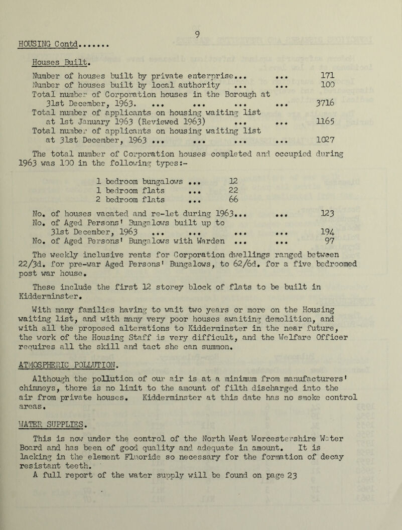 HOUSING Contd Houses Built. Number of houses built by private enterprise... ... 171 Number of houses built by local authority ... ... 100 Total number of Corporation houses in the Borough at 31st December, 1963. ... ... ... ... 3716 Total number of applicants on housing waiting list at 1st January 1963 (Reviewed 1963) ... ... 1165 Total number of applicants on housing waiting list at 31st December, 1963 ... ... ... ... 1027 The total number of Corporation houses completed and occupied during 1963 was 100 in the following types 1- 1 bedroom bungalows ... 12 1 bedroom flats ... 22 2 bedroom flats ... 66 No. of houses vacated and re-let during 1963... ... 123 No. of Aged Persons’ Bungalows built up to 31st December, 1963 ... ... ... ... 194 No. of Aged Persons’ Bungalows with Warden ... ... 97 The weekly inclusive rents for Corporation dwellings ranged between 22/3d. for pre-war Aged Persons' Bungalows, to 62/6d. for a five bedroomed post war house. These include the first 12 storey block of flats to be built in Kidderminster• With many families having to wait two years or more on the Housing waiting list, and with many very poor houses awaiting demolition, and with all the proposed alterations to Kidderminster in the near future, the work of the Housing Staff is very difficult, and the Welfare Officer requires all the skill and tact she can summon. ATMOSPHERIC POLLUTION. Although the pollution of our air is at a minimum from manufacturers' chimneys, there is no limit to the amount of filth discharged into the air from private houses. Kidderminster at this date has no smoke control areas• WATER SUPPLIES. This is now under the control of the North West Worcestershire Water Board and has been of good quality and adequate in amount. It is lacking in the element Fluoride so necessary for the formation of decay resistant teeth. A full report of the water supply will be found on page 23