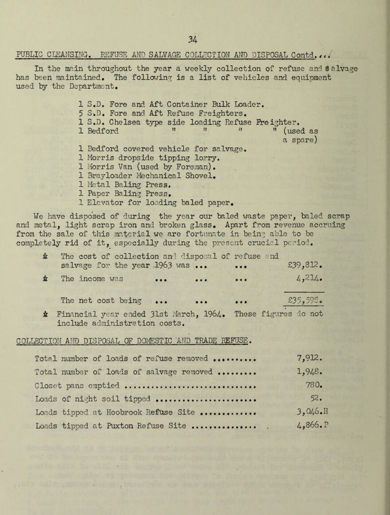 PUBLIC CLEANSING. REFUSE AND SALVAGE COLLECTION AND DISPOSAL Contd.,4. In the main throughout the year a weekly collection ox refuse and S alvage has been maintained. The foilwing is a list of vehicles and equipment used by the Department. 1 S.D. Fore and Aft Container Bulk Loader. 5 S.D. Fore and Aft Refuse Freighters. 1 S.D. Chelsea type side loading Refuse Freighter. 1 Bedford    '* (used as a spare) 1 Bedford covered vehicle for salvage. 1 Morris dropside tipping lorry. 1 Morris Van (used by Foreman). 1 Rrayloader Mechanical Shovel. 1 Metal Baling Press. 1 Paper Baling Press. 1 Elevator for loading baled paper. We have disposed of during the year our baled waste paper, baled scrap and metal, light scrap iron and broken glass. Apart from revenue accruing from the sale of this material we are fortunate in being able to be completely rid of it, especially during the present crucial period. A The cost of collection and disposal of refuse and salvage for the year 1963 was ... ... £39,312. A The income was ... ... ... 4*214. The net cost being ... ... ... £35,593. A Financial year ended 31st March, 1964* These figures do not include administration costs. COLLECTION A?TD DISPOSAL OF DOMESTIC ’AND TRADE REFUSE. Total number of loads of refuse removed 7,912. Total number of loads of salvage removed 1,943. Closet pans emptied 730. Loads of night soil tipped 52. Loads tipped at Hoobrook Refuse Site 3,046.11 Loads tipped at Puxton Refuse Site 4,366. P