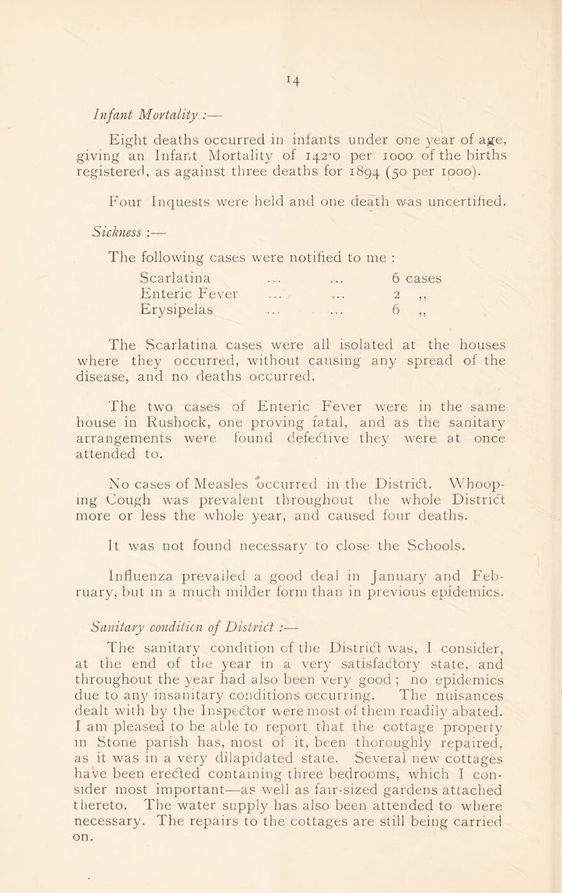 Infant Mortality :— Eight deaths occurred in infants under one year of age, giving an Infant Mortality of 142-0 per 1000 of the births registered, as against three deaths for 1894 (5° Per IOO°)* Four Inquests were held and one death was uncertified. Sickness :— The following cases were notified to me : Scarlatina ... ... 6 cases Enteric Fever ... ... 2 ,, Erysipelas ... ... 6 „ The Scarlatina cases were all isolated at the houses where they occurred, without causing any spread of the disease, and no deaths occurred. The two cases of Enteric Fever were in the same house in Rushock, one proving fatal, and as the sanitary arrangements were found defective they were at once attended to. No cases of Measles occurred 111 the District. Whoop- ing Cough was prevalent throughout the whole District more or less the whole year, and caused four deaths. It was not found necessar}/ to close the Schools. Influenza prevailed a good deal in January and Feb- ruary, but m a much milder form than in previous epidemics. Sanitary condition of District :— The sanitary condition of the District was, 1 consider, at the end of the year in a very satisfactory state, and throughout the year had also been very good ; no epidemics due to any insanitary conditions occurring. The nuisances dealt with by the Inspector were most of them readily abated. I am pleased to be able to report that the cottage property m Stone parish has, most of it, been thoroughly repaired, as it was in a very dilapidated state. Several new cottages have been ereCted containing three bedrooms, which I con- sider most important—as well as fair-sized gardens attached thereto. The water supply has also been attended to where necessary. The repairs to the cottages are still being carried on.