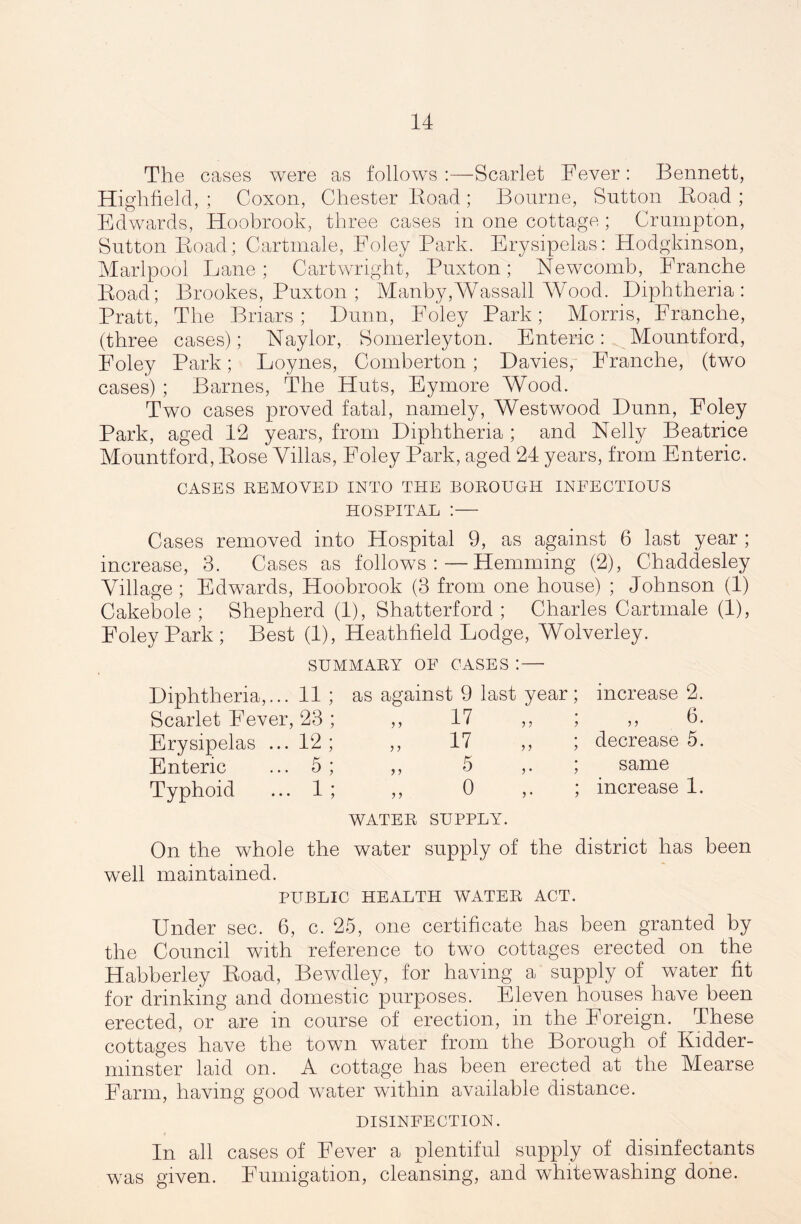 The cases were as follows :—Scarlet Fever : Bennett, Higlifield, ; Coxon, Chester Boad; Bourne, Sutton Road ; Edwards, Hoobrook, three cases in one cottage ; Crumpton, Sutton Road; Gartmale, Foley Park. Erysipelas: Hodgkmson, Marlpool Lane; Cartwright, Buxton; Newcomb, Franche Road; Brookes, Puxton ; Manby,Wassail Wood. Diphtheria: Pratt, The Briars; Dunn, Foley Park; Morris, Franche, (three cases); Naylor, Somerleyton. Enteric: Mountford, Foley Park; Loynes, Comberton; Davies, Franche, (two cases) ; Barnes, The Huts, Eyrnore Wood. Two cases proved fatal, namely, Westwood Dunn, Foley Park, aged 12 years, from Diphtheria ; and Nelly Beatrice Mountford, Rose Villas, Foley Park, aged 24 years, from Enteric. CASES REMOVED INTO THE BOROUGH INFECTIOUS HOSPITAL :— Cases removed into Hospital 9, as against 6 last year ; increase, 3. Cases as follows:—Hemming (2), Chaddesley Village ; Edwards, Hoobrook (3 from one house) ; Johnson (1) Cakebole ; Shepherd (1), Shatterford ; Charles Cartmale (1), Foley Park; Best (1), Heathfield Lodge, Wolverley. SUMMARY OF CASES : — Diphtheria,... 11 ; Scarlet Fever, 23 ; Erysipelas ... 12 ; Enteric ... 5 ; Typhoid ... 1 ; y y as against 9 last year; increase 2. 17 „ ; „ 6. 17 ,, ; decrease 5. 5 ,. ; same 0 ; increase 1. y y y y y y WATER SUPPLY. On the whole the water supply of the district has been well maintained. PUBLIC HEALTH WATER ACT. Under sec. 6, c. 25, one certificate has been granted by the Council with reference to two cottages erected on the Habberley Road, Bewdley, for having a supply of water fit for drinking and domestic purposes. Eleven houses have been erected, or are in course of erection, in the Foreign. These cottages have the town water from the Borough of Kidder- minster laid on. A cottage has been erected at the Mearse Farm, having good water within available distance. DISINFECTION. In all cases of Fever a plentiful supply of disinfectants was given. Fumigation, cleansing, and whitewashing done.