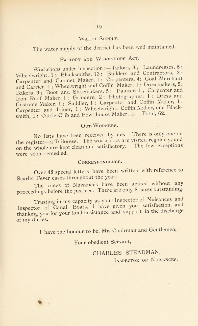 Water Supply. The water supply of the district has been well maintained. Factory and Workshops Act. Workshops under inspection :—Tailors, 3 ; Laundresses, 5 ; Wheelwright, 1 ; Blacksmiths, 13; Builders and Contractors, 3; Carpenter and Cabinet Maker, 1; Carpenters, 4; Coal Merchant and Carrier, 1 ; Wheelwright and Coffin Maker, 1 ; Dressmakers, 5; Bakers 9 ; Boot and Shoemakers, 5 ; Painter, 1 ; Carpenter and Iron Roof Maker, I ; Grinders, 2; Photographer, 1; Dress and Costume Maker, 1 ; Saddler, 1 ; Carpenter and Coffin Maker, 1 ; Carpenter and Joiner, 1; Wheelwright, Coffin Maker, and Blac - smith, 1 ; Cattle Crib and Fowl-house Maker, 1. Total, 6— Out-Workers. No lists have been received by me. There is only one on the register—aTailoress. The workshops are visited regularly, and on thewhole are kept clean and satisfactory. The few exceptions were soon remedied. Correspondence. Over 48 special letters have been written with reference to Scarlet Fever cases throughout the year. The cases of Nuisances have been abated without any proceedings before the justices. There are only 8 cases outstanding. Trusting in my capacity as your Inspector of Nuisances and Inspector of Canal Boats, I have given you satisfaction, and thanking you for your kind assistance and support in the discharge of my duties. I have the honour to be, Mr. Chairman and Gentlemen, Your obedient Servant, CHARLES STEADMAN, Inspector of Nuisances.