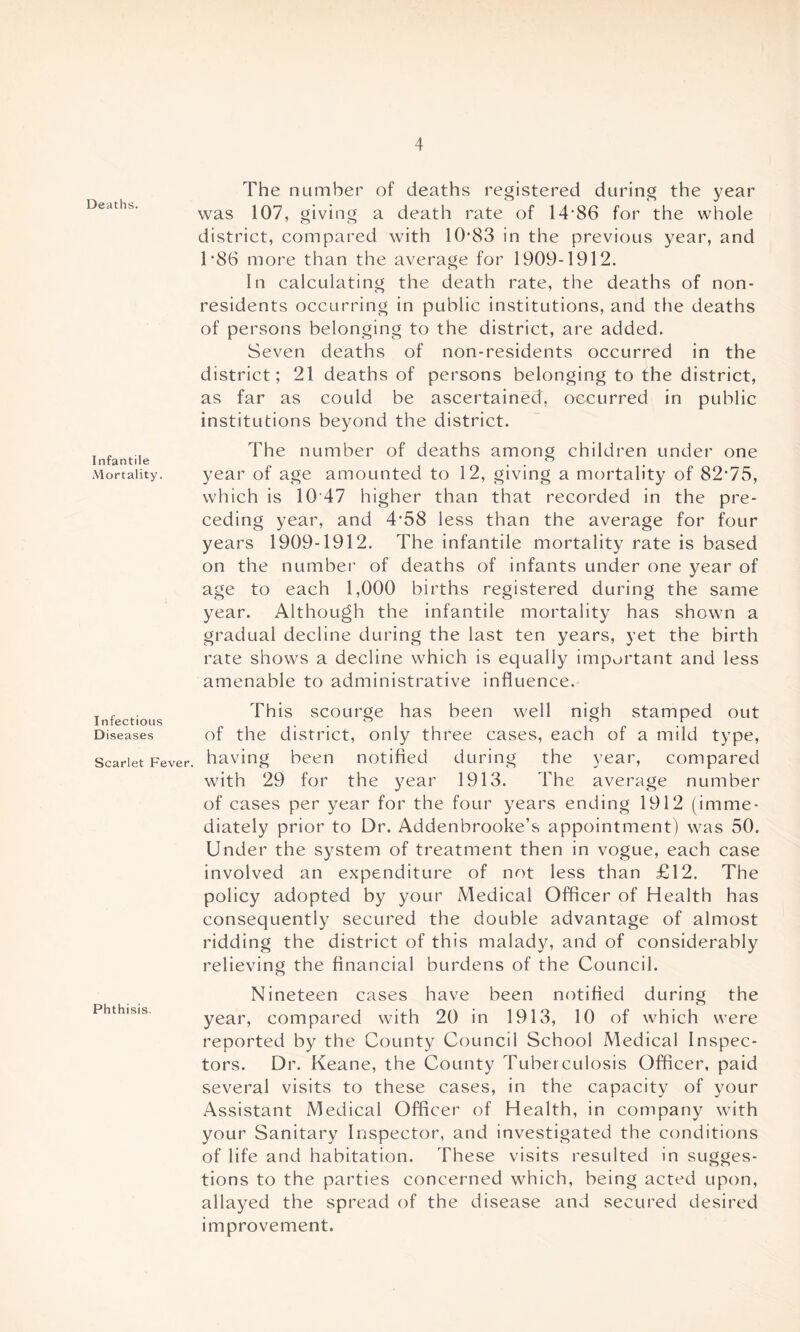 Deaths. Infantile Mortality. Infectious D iseases Scarlet Fever. Phthisis. The number of deaths registered during the year was 107, giving a death rate of 14'86 for the whole district, compared with 1083 in the previous year, and 1*86 more than the average for 1909-1912. In calculating the death rate, the deaths of non- residents occurring in public institutions, and the deaths of persons belonging to the district, are added. Seven deaths of non-residents occurred in the district; 21 deaths of persons belonging to the district, as far as could be ascertained, occurred in public institutions beyond the district. The number of deaths among children under one year of age amounted to 12, giving a mortality of 82'75, which is 10 47 higher than that recorded in the pre- ceding year, and 4*58 less than the average for four years 1909-1912. The infantile mortality rate is based on the number of deaths of infants under one year of age to each 1,000 births registered during the same year. Although the infantile mortality has shown a gradual decline during the last ten years, yet the birth rate shows a decline which is equally important and less amenable to administrative influence. This scourge has been well nigh stamped out of the district, only three cases, each of a mild type, having been notified during the year, compared with 29 for the year 1913. The average number of cases per year for the four years ending 1912 (imme- diately prior to Dr. Addenbrooke’s appointment) was 50. Under the system of treatment then in vogue, each case involved an expenditure of not less than £12. The policy adopted by your Medical Officer of Health has consequently secured the double advantage of almost ridding the district of this malady, and of considerably relieving the financial burdens of the Council. Nineteen cases have been notified during the year, compared with 20 in 1913, 10 of which were reported by the County Council School Medical Inspec- tors. Dr. Keane, the County Tuberculosis Officer, paid several visits to these cases, in the capacity of your Assistant Medical Officer of Health, in company with your Sanitary Inspector, and investigated the conditions of life and habitation. These visits resulted in sugges- tions to the parties concerned which, being acted upon, allayed the spread of the disease and secured desired improvement.