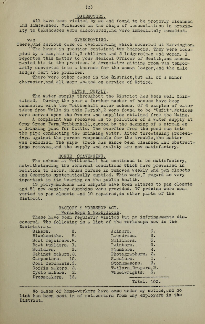 (3) X BAKEHOUSES. All have been visited by me and found to be properly cleansed and limswashed. Nuisances in the shape of accumulations in proxim- ity to Bakehouses were discovered,and were immediately remedied. wa s OVERCROWDING. Therefore serious c&se of overcrowding which occurred at Harvington. ' The house in question contained two bedrooms. They were occu- pied by a man,his wife,3 children und 2 lodgers(man and woman. I reported this matter to your Medical Officer of Health,and accom- panied him to the premises. A downstairs sitting room was tempor- arily converted into a bedroom for the woman longer,and the male lodger left the premises. There were other cases in the District,but all of a minor character,and all were abated on service of Notice. WATER SUPPLY. The water supply throughout the District has boon well main- tained. During the year a further number of houses have been connected with the Wribbonhal'l water scheme. Of 6 samples of water taken from Wells in this Parish, 2 wore found to be ’’Unfit **. Notices were served upon the Owners and supplies obtained from the Mains. A complaint was received as to pollution of a Water supply at Grey Green Farm,Wribbonhall,caused by the damming of a stream as a drinking pond for Cattle. The overflow from the pond ran into the pipe conducting the drinking water. After threatening proceed- ings against the person responsible for the trouble,the matter was remedied. The pipe* track has since been cleansed and obstruct- ions removed,and the supply and quality are now satisfactory. f HOUSE SCAVENGING. The scheme at Wribbenhall has continued to be satisfactory, notwithstanding the abnormal conditions which have prevailed in relation to labor. House refuse is removed weekly and pan closets and Cesspits systematically emptied. This work,I regard as very important in its bearing on the public health. 13 privy-middens md ashpits have been altered to pan closets and 51 new sanitary dustbins were provided. 17 privies were con- verted to pan closets -n& 10 repaired,in other parts of the District. FACTORY 6 WORKSHOP ACT. Workshops & Workplaces. These have been regularly visited but no infringements dis- covered. The following is a list of the workshops now in the District:-:~ Bakers. 6. Blacksmiths. 8. Beet repairers.8. Beat builders. 1. Builders. 3. Cabinet makers.2. Carpenters. 10. Coal merchants.3. Coffin makers. 2. Cycle makers. 2. Dressmakers. 13. Joiners. 3. Laundries. 3. Milliners. 5. Painters. 6. Plumbers. 4. Photographers. 2. S-ddlers. 1. Stonemasons. 3. Tailors,Drapers,3. Wheelwrights. 6. Total. 103 No cases of home-workers have come under my notice,and no list has been sent in of out-workers from any employers in the District.