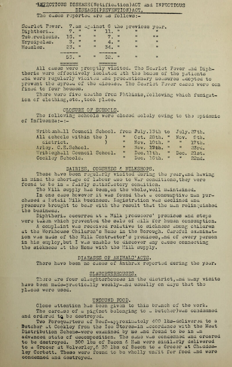 ^2.CTI0US DISEASE(Notification)ACT and INFECTIOUS DISSASE(PREVENTION)ACT. The cases reported are as follows Scarlet Fever. Diphtheria. Tuberculosis. Erysipelas. Measles. All cases were promptly visited. Tho Scarlet Fever aid Diph- theria were effectively isolated ath the hoses of the patients and were regularly visited and precautionary measures adopted to prevent the spread of the disease. The Scarlet Fever cases were ccn fined, tc four houses. There were five deaths from Phthisis,following which fumigat- ion cf clothing,etc.,tool place. 7. as again et 6 XliO previous ye 7. ft 11. H It ft 1G. it tt 7. It ff ft ft 3. it M 4. It If tt 23. If 34. ft tt tt CLOSURE OF SCHOOLS. The following schools were closed solely owing to the epidemic of Influenza ffribbanhull Council School. from July .13th to July. 27 th All schools within the ) tf Cot. 28th.  Nov. 9 th district. ) tl • > o 10th.  tt 17 th Arley. C.E.School. tt Nov. 17th. ” II 23 rd Wribtenhdll Council School. II Dec. 11th. •' Dec. 21st Cookley Schools. It Dec. 16th. '* If 22nd DAIRIES, COWSHEDS L MILKSHOPS. These have been regularly visited during the year,and having in mind the shortage of labour aue to War conditions,they were found to be in a fairly satisfactory condition. Tho Milk supply has been,on the whole,well maintained. In one case however it was found that a consumptive nan pur- chased a Retail Milk business. Registration was declined ana pressure brought to bear with the result that the m-n relinquished the business. Diphtheria occurred at a Milk producers* premises ana steps were taken which prevented the sale of milk for human consumption. A complaint was received relative to sickness among children at the Workhouse Children's Home in the Borough. Careful examinat- ion was made of tho Milk Contractor's premises,and of every person in his employ,but I was unable tc discover any c-use connecting the sickness at the Home with the Milk supply. DIA5ASSS OF ANIMALS'ACTS. There have been no cases of Anthrax reported during the year. SLAUGHTERHOUSES. There are four slaughterhouses in the district,and many visits have been made-practicully weekly-void usually on days that tho places were used. UNSOUND FOOD. Close attention has been given to this brunch of the work. The carcase of a pig(not belonging to a butcher)was condemned and ordered be destroyed. Two Forequarters of Beef-approximately 400 Ills-delivered to a Butcher at Cookley from the Ice Stores-in accordance with the Meat Distribution Scheme-wero examined by me and found to be in air advanced state cf decomposition. The same Was condemned and ordered to be destroyed. 300 lbs of Bacon & Ham were similarly delivered to a Grocer at Wolverley,£• 30 lbs of Bacon to a Grocer at Chaddos- ley Corbett. These were found to be wholly unfit for food and were condemned and destroyed.