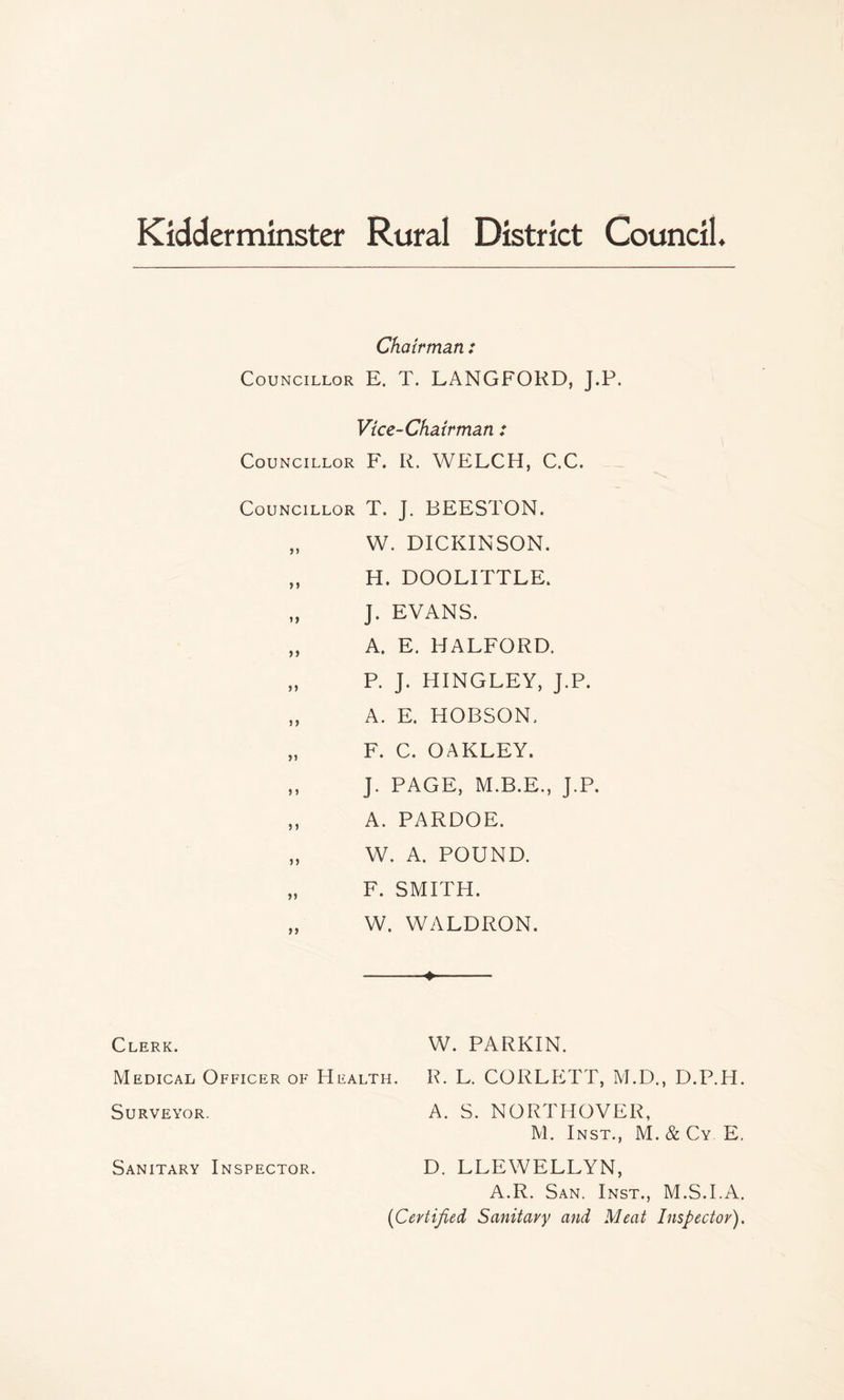 Kidderminster Rural District Council. Chairman : Councillor E. T. LANGFORD, J.P. Vice-Chairman : Councillor F. R. WELCH, C.C. Councillor T. J. BEESTON. „ W. DICKINSON. „ H. DOOLITTLE. „ J. EVANS. „ A. E. HALFORD. „ P. J. HINGLEY, J.P. „ A. E. HOBSON. „ F. C. OAKLEY. ,, J. PAGE, M.B.E., J.P. ,, A. PARDOE. „ W. A. POUND. „ F. SMITH. „ W. WALDRON. Clerk. W. PARKIN. Medical Officer of Health. R. L. CORLETT, M.D., D.P.H. Surveyor. A. S. NORTHOVER, M. Inst., M. & Cy E. Sanitary Inspector. D. LLEWELLYN, A.R. San. Inst., M.S.I.A. (Certified Sanitary and Meat Inspector),