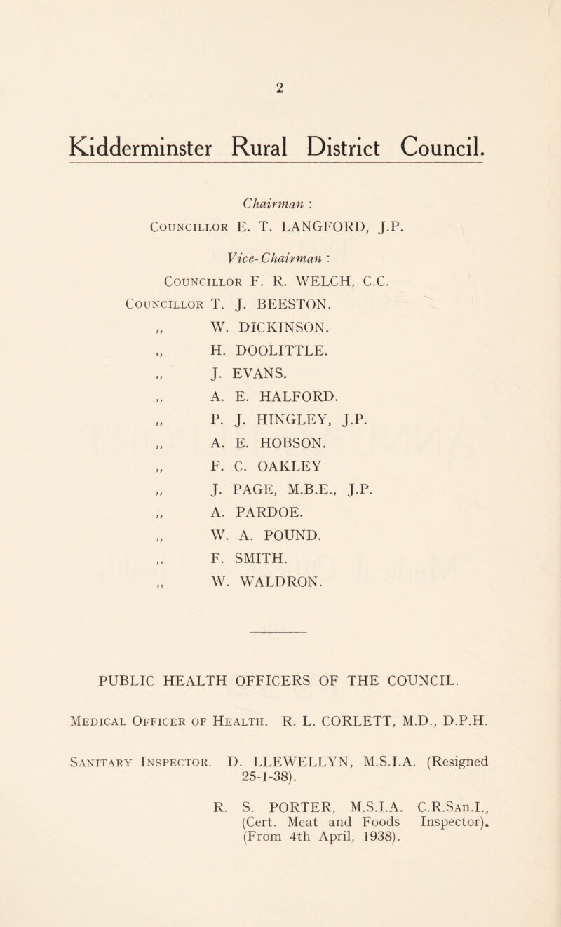 Kidderminster Rural District Council. Chairman : Councillor E. T. LANGFORD, J.P. Vice-Chairman : Councillor F. R. WELCH, C.C. Councillor T. J. BEESTON. W. DICKINSON. H. DOOLITTLE. „ J. EVANS. A. E. HALFORD. „ P. J. HINGLEY, J.P. „ A. E. HOBSON. „ F. C. OAKLEY „ J. PAGE, M.B.E., J.P. „ A. PARDOE. „ W. A. POUND. F. SMITH. „ W. WALDRON. PUBLIC HEALTH OFFICERS OF THE COUNCIL. Medical Officer of Health. R. L. CORLETT, M.D., D.P.H. Sanitary Inspector. D. LLEWELLYN, M.S.I.A. (Resigned 25-1-38). R. S. PORTER, M.S.I.A. C.R.SAn.I., (Cert. Meat and Foods Inspector). (From 4th April, 1938).