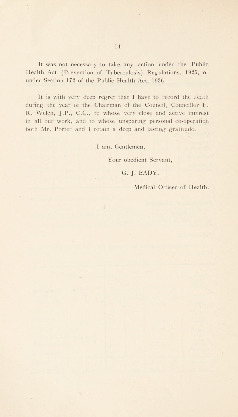 It was not necessary to take any action under the Public Health Act (Prevention of Tuberculosis) Regulations, 1925, or under Section 172 of the Public Health Act, 1936. It is with very deep regret that I have to record the death during the year of the Chairman of the Council, Councillor F. R. Welch, J.P., C.C., to whose very close and active interest in all our work, and to whose unsparing personal co-operation both Mr. Porter and I retain a deep and lasting gratitude. I am, Gentlemen, Your obedient Servant, G. ]. EADY, Medical Officer of Health.