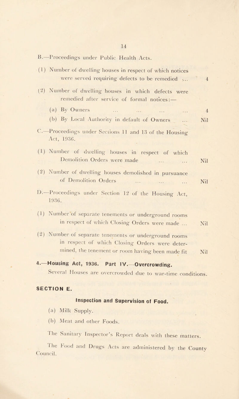 B-—Proceedings under Public Health Acts. (1) Number of dwelling houses in respect of which notices were served requiring defects to be remedied .... 4 (2) Number of dwelling houses in which defects were remedied after service of formal notices: — (a) By Owners ... ... ... ... 4 (b) By Local Authority in default of Owners ... Nil C. -Proceedings under Sections 11 and 13 of the Housing Act, 193G. (1) Number of dwelling- houses in respect of which Demolition Orders were made ... ... Nil (2) Number oi dwelling houses demolished in pursuance of Demolition Orders ... ... ... Nil D. —Proceedings under Section 12 of the Housing Act, 1936. (1) Number of separate tenements or underground rooms in respect of which Closing Orders were made ... Nil (2) Number of separate tenements or underground rooms in respect of which Closing Orders were deter- mined, the tenement or room having been made fit Nil 4.—Housing Act, 1936. Part IV.— Overcrowding. Several Houses are overcrowded due to war-time conditions. SECTION E. Inspection and Supervision of Food. (a) Milk Supply. (b) Meat and other Foods. 1 he Sanitary Inspector’s Report deals with these matters. Die Food and Drugs Acts are administered by the County Council.