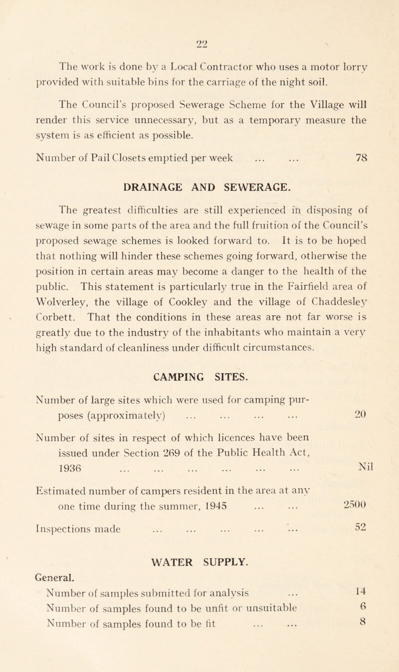 The work is done by a Local Contractor who uses a motor lorry provided with suitable bins for the carriage of the night soil. The Council’s proposed Sewerage Scheme for the Village will render this service unnecessary, but as a temporary measure the system is as efficient as possible. Number of Pail Closets emptied per week ... ... 78 DRAINAGE AND SEWERAGE. The greatest difficulties are still experienced in disposing of sewage in some parts of the area and the full fruition of the Council’s proposed sewage schemes is looked forward to. It is to be hoped that nothing will hinder these schemes going forward, otherwise the position in certain areas may become a danger to the health of the public. This statement is particularly true in the Fairfield area of Wolverley, the village of Cookley and the village of Chaddesley Corbett. That the conditions in these areas are not far worse is greatly due to the industry of the inhabitants who maintain a very high standard of cleanliness under difficult circumstances. CAMPING SITES. Number of large sites which were used for camping pur- poses (approximately) Number of sites in respect of which licences have been issued under Section 269 of the Public Health Act, 1936 Estimated number of campers resident in the area at any one time during the summer, 1945 Inspections made 20 Nil 2500 52 WATER SUPPLY. General. Number of samples submitted for analysis Number of samples found to be unfit or unsuitable Number of samples found to be lit