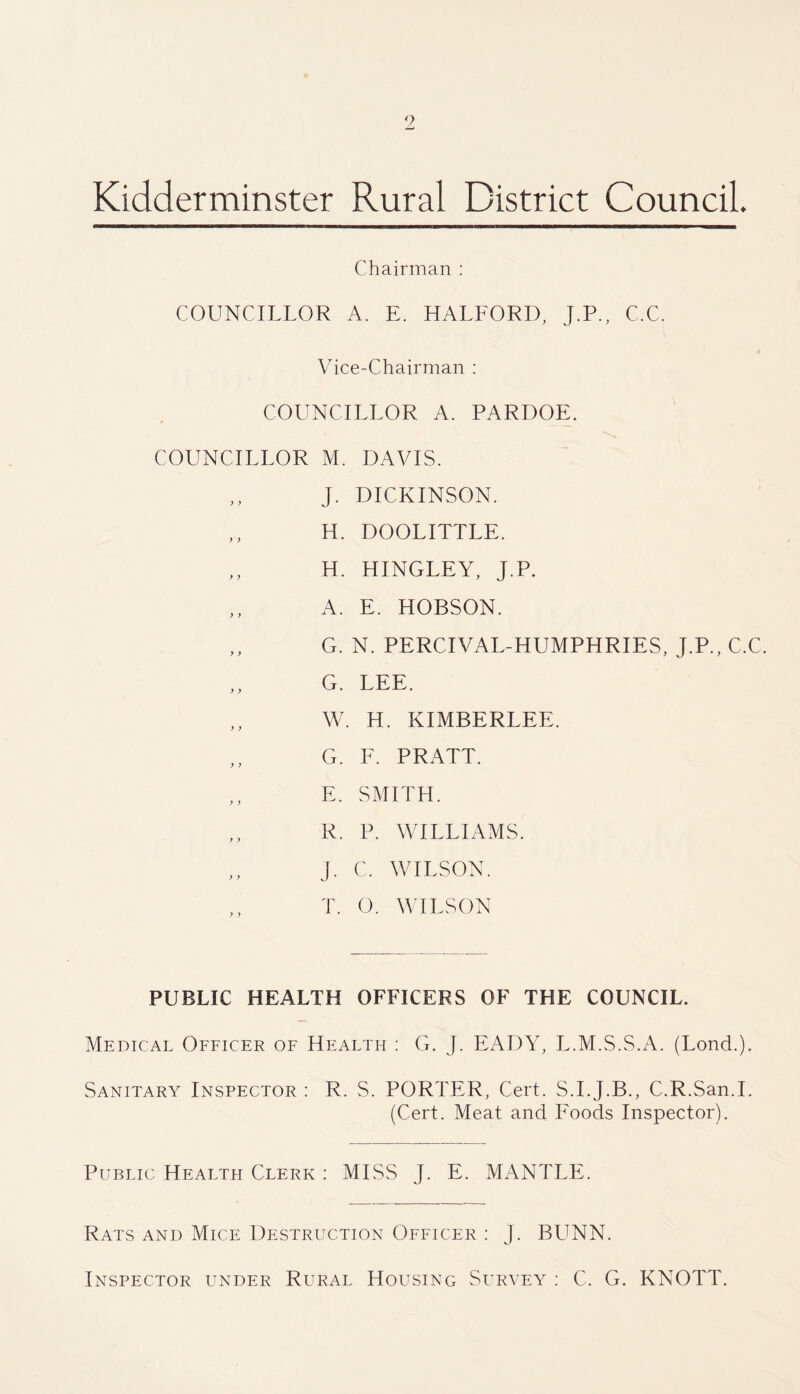 Kidderminster Rural District Council. Chairman : COUNCILLOR A. E. HALFORD, J.P., C.C. Vice-Chairman : COUNCILLOR A. PARDOE. COUNCILLOR M. DAVIS. J. DICKINSON. H. DOOLITTLE. H. HINGLEY, J.P. A. E. HOBSON. G. N. PERCIVAL-HUMPHRIES, J.P., C.C, G. LEE. ,, W. H. KIMBERLEE. G. E. PRATT. E. SMITH. R. P. WILLIAMS. J. C. WILSON. T. 0. WILSON PUBLIC HEALTH OFFICERS OF THE COUNCIL. Medical Officer of Health : G. J. EADY, L.M.S.S.A. (Lond.). Sanitary Inspector : R. S. PORTER, Cert. S.I.J.B., C.R.San.I. (Cert. Meat and Foods Inspector). Public Health Clerk : MISS J. E. MANTLE. Rats and Mice Destruction Officer : J. BUNN. Inspector under Rural Housing Survey : C. G. KNOTT.