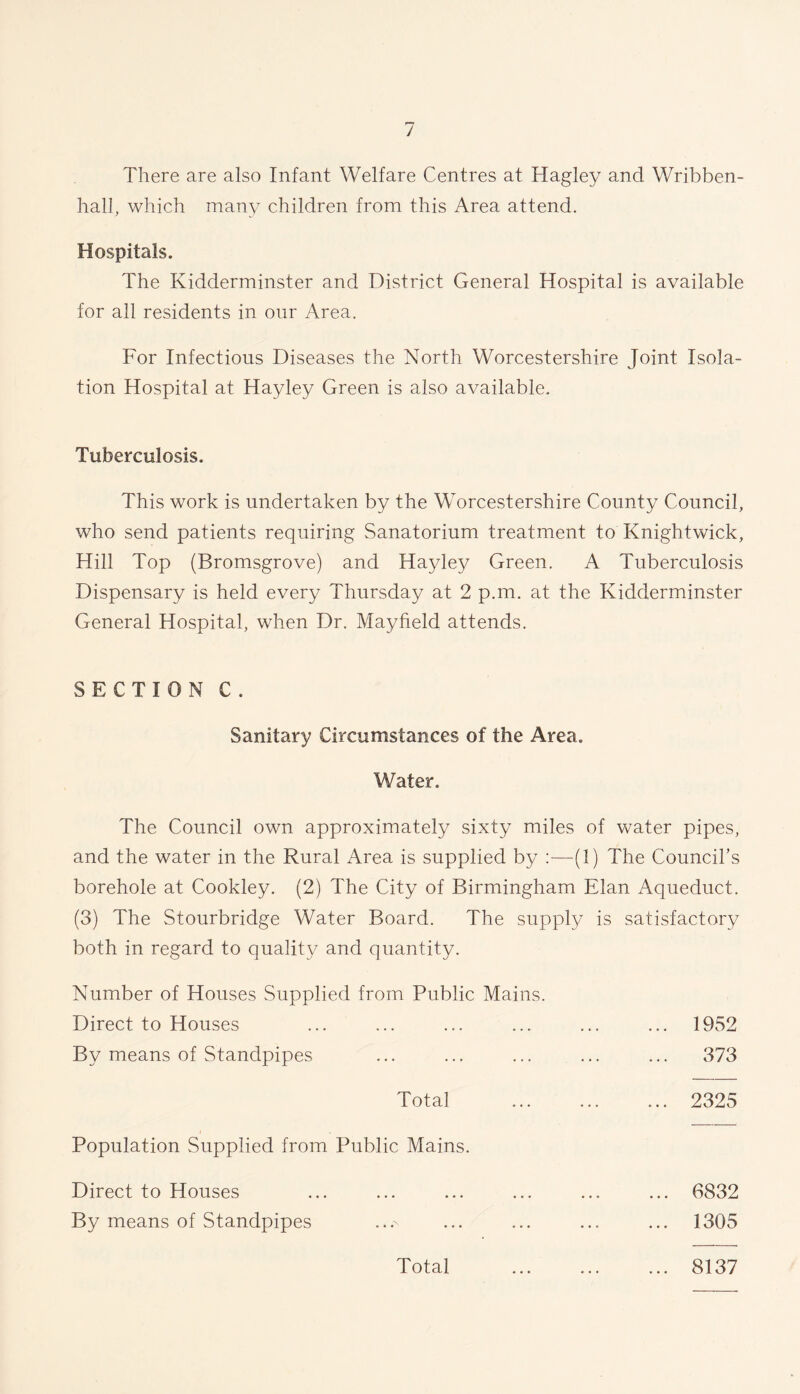 There are also Infant Welfare Centres at Hagley and Wribben- hall, which many children from this Area attend. Hospitals. The Kidderminster and District General Hospital is available for all residents in our Area. For Infectious Diseases the North Worcestershire Joint Isola- tion Hospital at Hayley Green is also available. Tuberculosis. This work is undertaken by the Worcestershire County Council, who send patients requiring Sanatorium treatment to Knightwick, Hill Top (Bromsgrove) and Hayley Green. A Tuberculosis Dispensary is held every Thursday at 2 p.m. at the Kidderminster General Hospital, when Dr. Mayfield attends. SECTION C. Sanitary Circumstances of the Area. Water. The Council own approximately sixty miles of water pipes, and the water in the Rural Area is supplied by :—(1) The Council’s borehole at Cookley. (2) The City of Birmingham Elan Aqueduct. (3) The Stourbridge Water Board. The supply is satisfactory both in regard to quality and quantity. Number of Houses Supplied from Public Mains. Direct to Houses By means of Standpipes Total Population Supplied from Public Mains. Direct to Houses By means of Standpipes Total 1952 373 2325 6832 1305 8137
