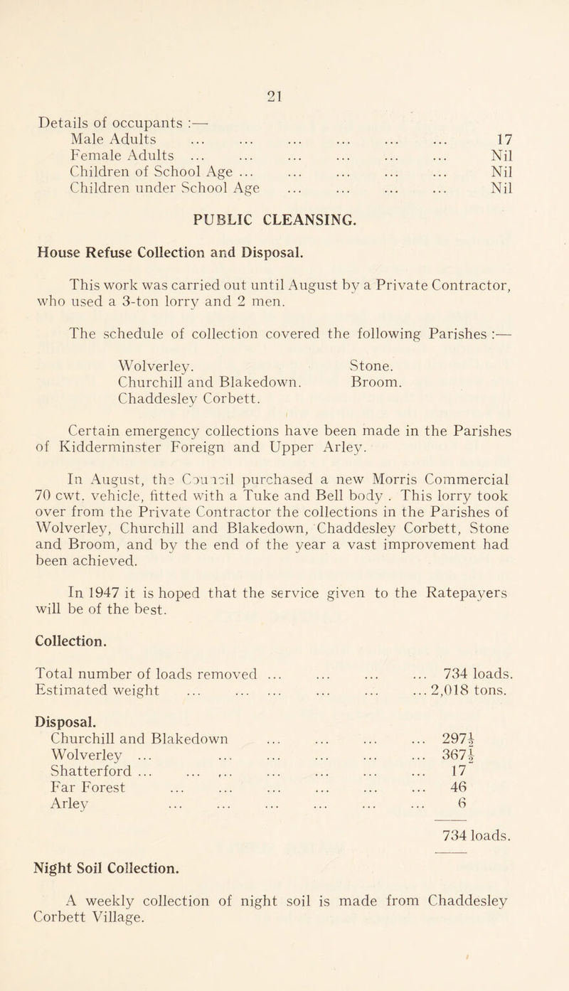 Details of occupants :— Male Adults Female Adults Children of School Age ... Children under School Age PUBLIC CLEANSING, 17 Nil Nil Nil House Refuse Collection and Disposal. This work was carried out until August by a Private Contractor, who used a 3-ton lorry and 2 men. The schedule of collection covered the following Parishes :— Wolverley. Stone. Churchill and Blakedown. Broom. Chaddesley Corbett. Certain emergency collections have been made in the Parishes of Kidderminster Foreign and Upper Arley. In August, the Council purchased a new Morris Commercial 70 cwt. vehicle, fitted with a Tuke and Bell body . This lorry took over from the Private Contractor the collections in the Parishes of Wolverley, Churchill and Blakedown, Chaddesley Corbett, Stone and Broom, and by the end of the year a vast improvement had been achieved. In 1947 it is hoped that the service given to the Ratepayers will be of the best. Collection. Total number of loads removed ... ... ... ... 734 loads. Estimated weight ... ... ... ... 2,018 tons. Disposal. Churchill and Blakedown Wolverley ... Shatterford ... Far Forest Arley 734 loads. .. 2974 .. 3674 LU .. 17 46 6 Night Soil Collection. A weekly collection of night soil is made from Chaddesley Corbett Village.