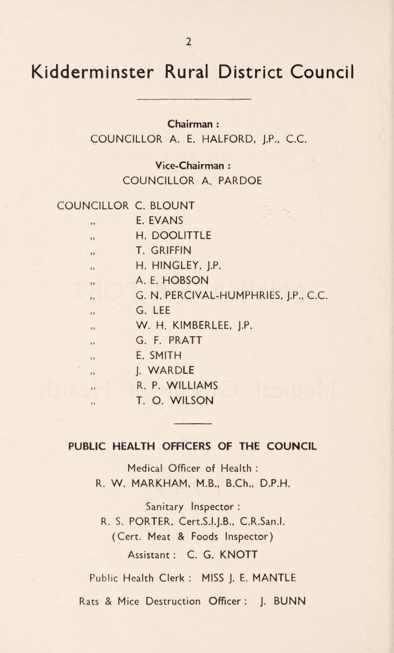 Kidderminster Rural District Council Chairman : COUNCILLOR A. E. HALFORD, J.P.. C.C. Vice-Chairman : COUNCILLOR A. PARDOE COUNCILLOR C. BLOUNT E. EVANS H. DOOLITTLE „ T. GRIFFIN H. HINGLEY, J.P. „ A. E. HOBSON „ G. N. PERCIVAL-HUMPHRIES, J.P., C.C. „ G. LEE W. H. KIMBERLEE, J.P. G. F. PRATT „ E. SMITH „ j. WARDLE „ R. P. WILLIAMS T. O. WILSON PUBLIC HEALTH OFFICERS OF THE COUNCIL Medical Officer of Health : R. W. MARKHAM, M.B., B.Ch., D.P.H. Sanitary Inspector : R. S. PORTER, Cert.S.I.j.B., C.R.San.l. (Cert. Meat & Foods Inspector) Assistant : C. G. KNOTT Public Health Clerk : MISS j. E. MANTLE Rats & Mice Destruction Officer : J. BUNN