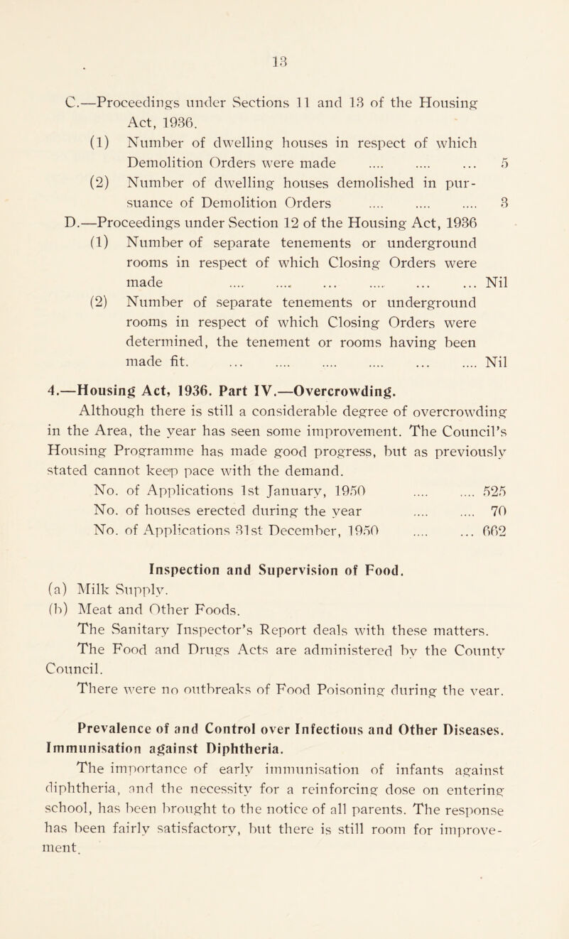 Act, 1936. (1) Number of dwelling houses in respect of which Demolition Orders were made .... .... ... 5 (2) Number of dwelling houses demolished in pur- suance of Demolition Orders .... .... .... 3 D. —Proceedings under Section 12 of the Housing Act, 1936 (1) Number of separate tenements or underground rooms in respect of which Closing Orders were made Nil (2) Number of separate tenements or underground rooms in respect of which Closing Orders were determined, the tenement or rooms having been made fit. Nil 4.-—Housing Act, 1936. Part IV.—Overcrowding. Although there is still a considerable degree of overcrowding in the Area, the year has seen some improvement. The Council’s Housing Programme has made good progress, but as previously stated cannot keep pace with the demand. No. of Applications 1st January, 1950 .... .... 525 No. of houses erected during the year .... .... 70 No. of Applications 31st December, 1950 .... ... 662 Inspection and Supervision of Food. (a) Milk Supply. (b) Meat and Other Foods. The Sanitary Inspector’s Report deals with these matters. The Food and Drugs Acts are administered by the County Council. There were no outbreaks of Food Poisoning during the year. Prevalence of and Control over Infectious and Other Diseases. Immunisation against Diphtheria. The importance of early immunisation of infants against diphtheria, and the necessity for a reinforcing dose on entering school, has been brought to the notice of all parents. The response has been fairly satisfactory, but there is still room for improve- ment.