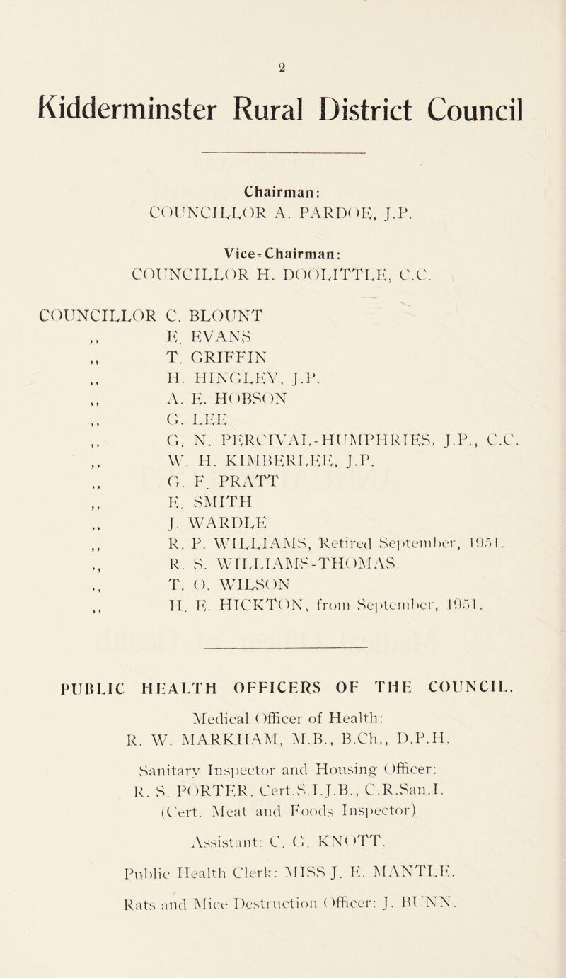 Chairman: COUNCILLOR A. PARDOE, J.P. Vice= Chairman: COUNCILLOR H. DOOLITTLE, C.C. COUNCILLOR C. BLOUNT ,, E. EVANvS ,, T. GRIFFIN ,, H. HINGLEV, J.P. ,, A. E. HOBSON G. LEE ,, G. N. PERCIVAL - HUMPHRIES, J.P,, C.C. ,, W. H. kimberi.ee, J.P. G. F. PRATT E. SMITH J. WARDLE ,, R. P. WILLIAMS, Retired September, 1951. R. S. WILL I AMS-THOM AS. T. (). WILSON FI. E. HICKTON, from September, 1951. PUBLIC HEALTH OFFICERS OF THE COUNCIL. Medical Officer of Health: R. W. MARKHAM, M.B., B.Ch., D.P.H. Sanitary Inspector and Housing ()fficer: R. S. PORTER, Cert.S.I.J.B., C.R.San.I. (Cert. Meat and Foods Inspector) Assistant: C. G. KNOTT. Public Health Clerk: MISS J. E. MANTLE. Rats and Mice Destruction Officer: J. BUNN.