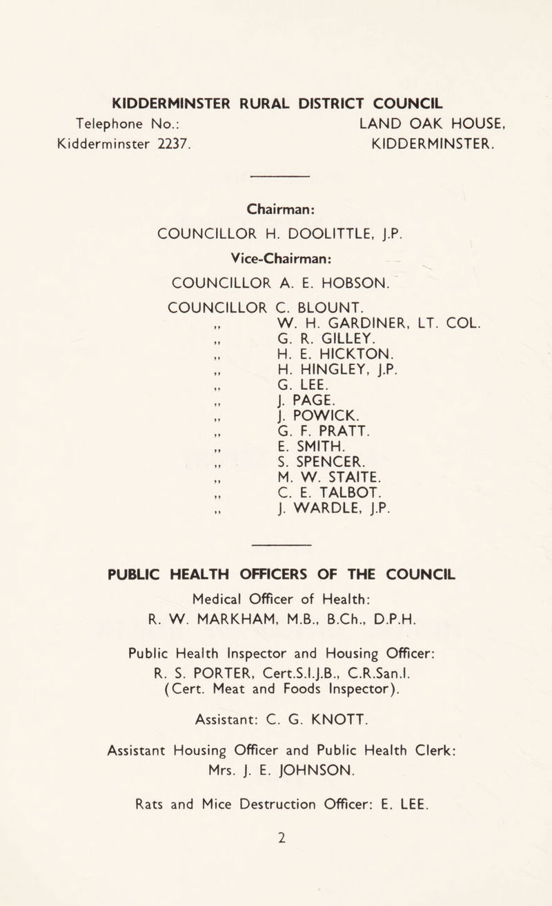 KIDDERMINSTER RURAL DISTRICT COUNCIL Telephone No.: LAND OAK HOUSE, Kidderminster 2237. KIDDERMINSTER. Chairman: COUNCILLOR H. DOOLITTLE, J.P. Vice-Chairman: COUNCILLOR A. E. HOBSON. COUNCILLOR C. BLOUNT. W. H. GARDINER, LT. COL. G. R. GILLEY. H. E. HICKTON. H. HINGLEY, J.P. G. LEE. J. PAGE. J. POWICK. G. F. PRATT. E. SMITH. S. SPENCER. M. W. STAITE. C. E. TALBOT. J. WARDLE, J.P. PUBLIC HEALTH OFFICERS OF THE COUNCIL Medical Officer of Health: R. W. MARKHAM, M.B., B.Ch., D.P.H. Public Health Inspector and Housing Officer: R. S. PORTER, Cert.S.I.J.B., C.R.San.l. (Cert. Meat and Foods Inspector). Assistant: C. G. KNOTT. Assistant Housing Officer and Public Health Clerk: Mrs. J. E. JOHNSON. Rats and Mice Destruction Officer: E. LEE.