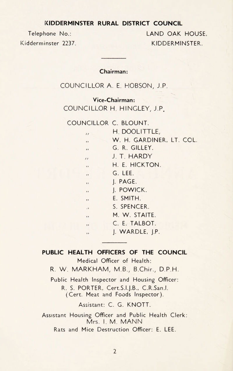 KIDDERMINSTER RURAL DISTRICT COUNCIL Telephone No.: Kidderminster 2237. LAND OAK HOUSE, KIDDERMINSTER. Chairman: COUNCILLOR A. E. HOBSON, J.P. Vice-Chairman: COUNCILLOR H. HINGLEY, J.P, COUNCILLOR C. BLOUNT. „ H. DOOLITTLE, W. H. GARDINER, LT. COL. G. R. GILLEY, „ J. T. HARDY H. E. HICKTON. G. LEE. J. PAGE. J. POWICK. E. SMITH. S. SPENCER. M. W. STAITE. C. E. TALBOT. J. WARDLE, J.P. PUBLIC HEALTH OFFICERS OF THE COUNCIL Medical Officer of Health: R. W. MARKHAM, M B., B.Chir., D.P.H. Public Health Inspector and Housing Officer: R. S. PORTER, Cert.S.I.J.B., C.R.San.l. (Cert. Meat and Foods Inspector). Assistant: C. G. KNOTT. Assistant Housing Officer and Public Health Clerk: Mrs. I. M. MANN Rats and Mice Destruction Officer: E. LEE.