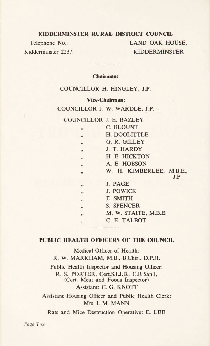 KIDDERMINSTER RURAL DISTRICT COUNCIL Telephone No.: LAND OAK HOUSE, Kidderminster 2237. KIDDERMINSTER Chairman: COUNCILLOR H. HINGLEY, J.P. Vice-Chairman: COUNCILLOR J. W. WARDLE, J.P. COUNCILLOR J. E. BAZLEY C. BLOUNT H. DOOLITTLE G. R. GILLEY J. T. HARDY H. E. HICKTON A. E. HOBSON W. H KIMBERLEE, M.B.E., J.P. J PAGE J. POWICK E. SMITH S. SPENCER M. W. STAITE, M.B.E. C. E. TALBOT PUBLIC HEALTH OFFICERS OF THE COUNCIL Medical Officer of Health: R. W. MARKHAM, M B., B.Chir., D.P.H. Public Health Inspector and Housing Officer: R. S. PORTER, Cert.S.I.J.B., C.R.San.I, (Cert. Meat and Foods Inspector) Assistant: C. G. KNOTT Assistant Housing Officer and Public Health Clerk: Mrs. I. M. MANN Rats and Mice Destruction Operative: E. LEE Page Two